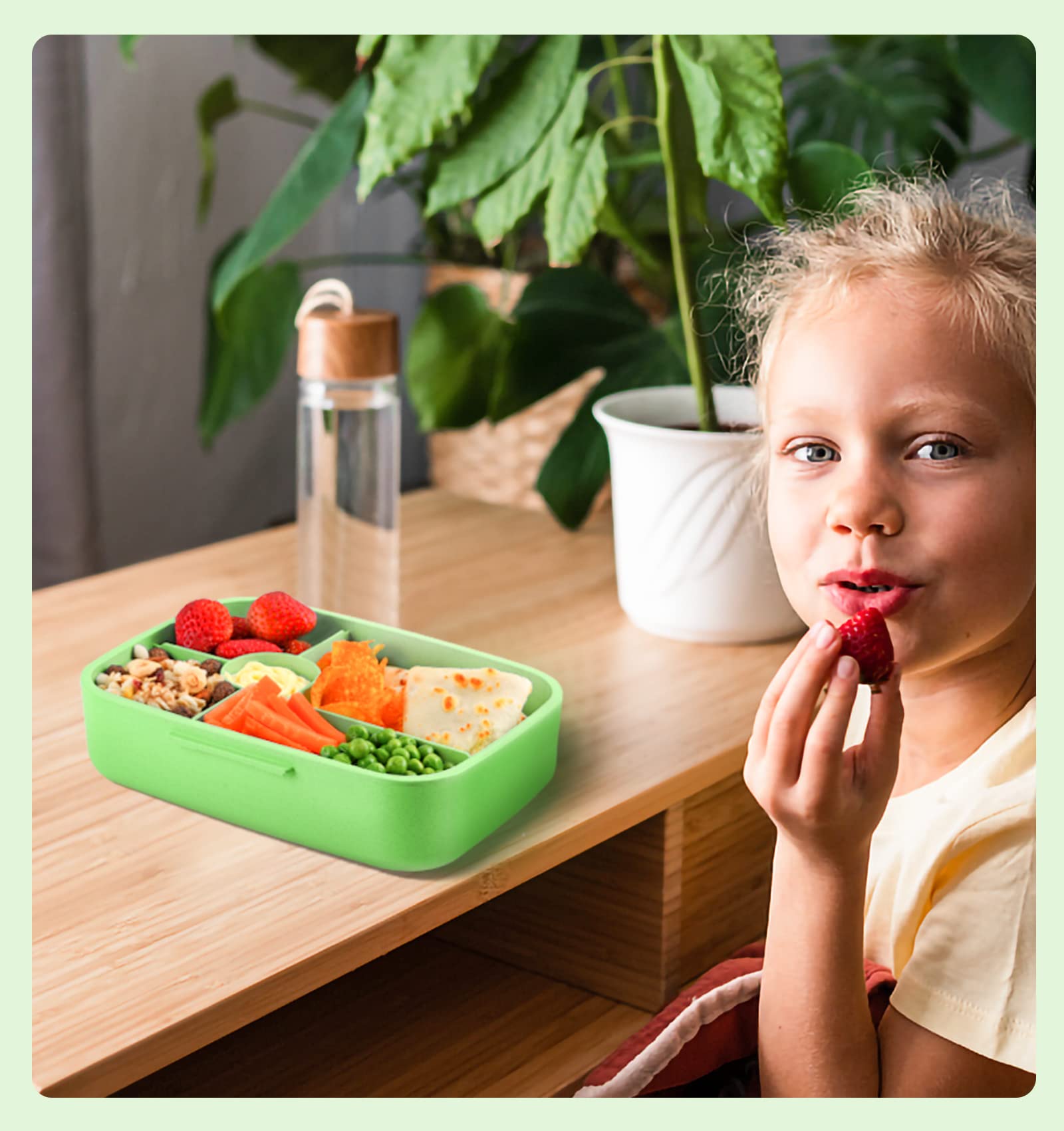 ANDMOON Bento Lunch Box with Kids/Adults, 5 Compartments Leakproof Lunch Container with Dressing Cup, Eco-Friendly Double Insulated Boxes, Dishwasher and Microwave Safe, BPA-Free (green)