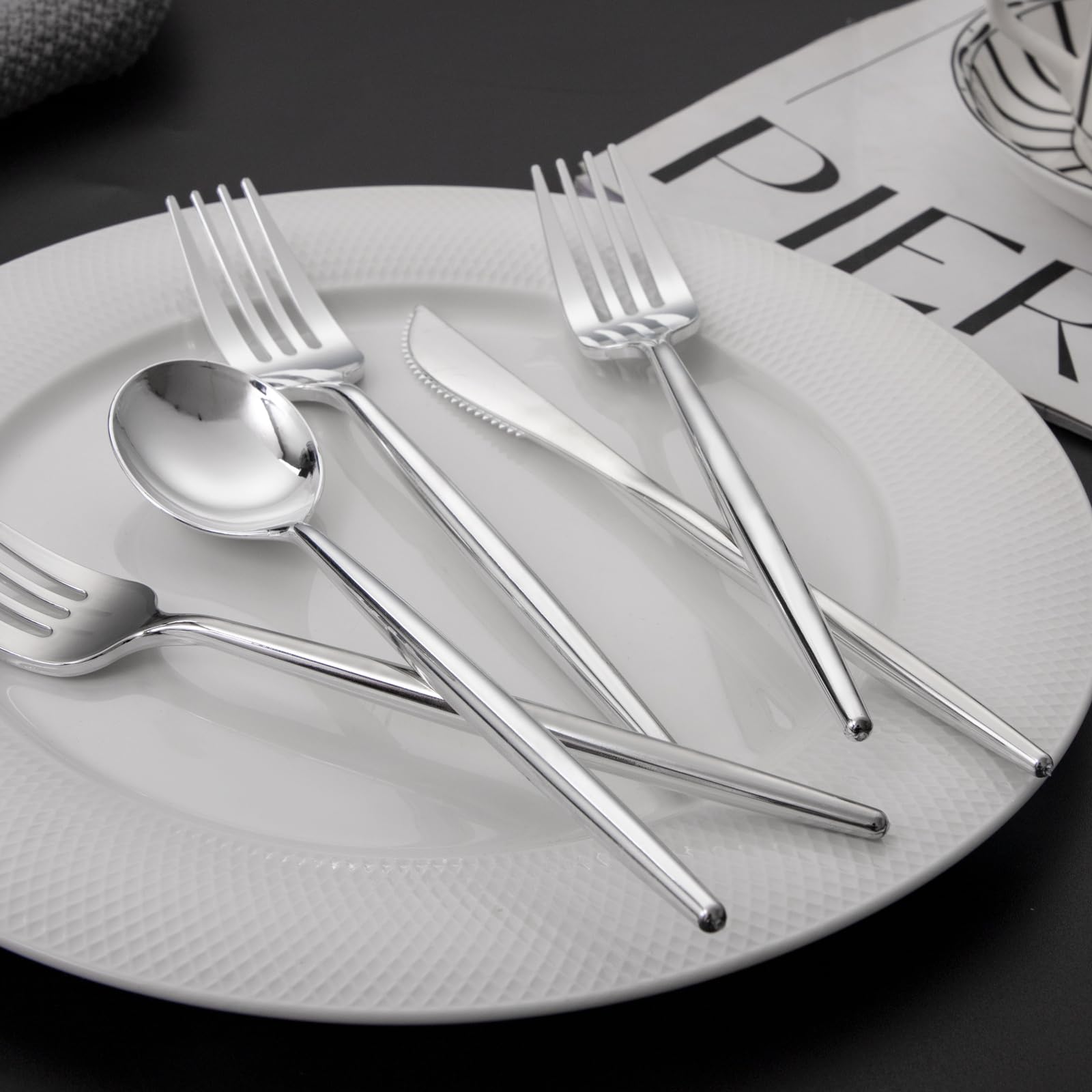 LIYH 102 Pcs Silver Plastic Silverware - Heavyduty Plastic Cutlery Set Disposable Utensils Flatware Set Knives Forks Spoons Disposable Cutlery Mothers Day
