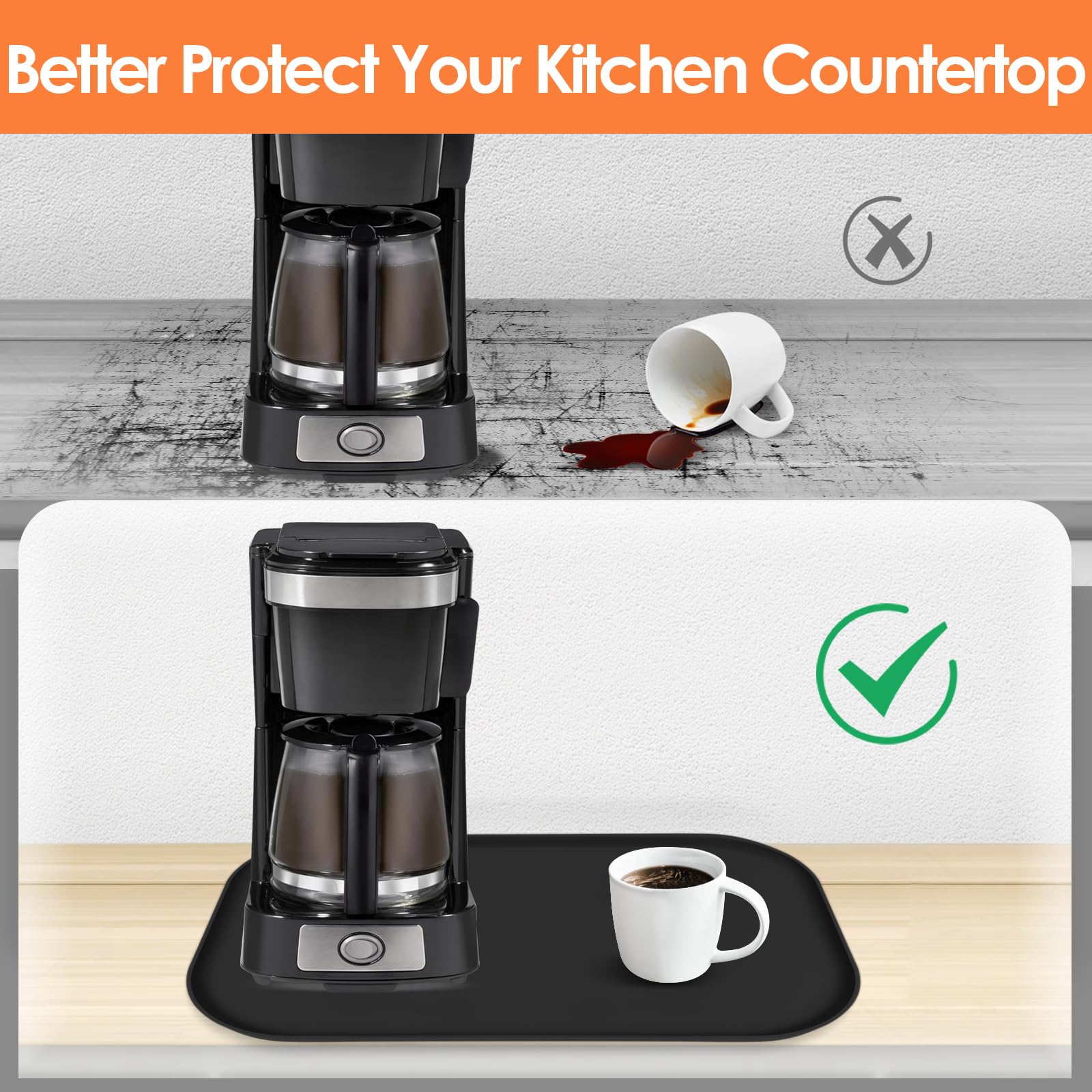 Silicone Coffee Maker Mat with Lip for Countertops, 24'' x 16'', Black