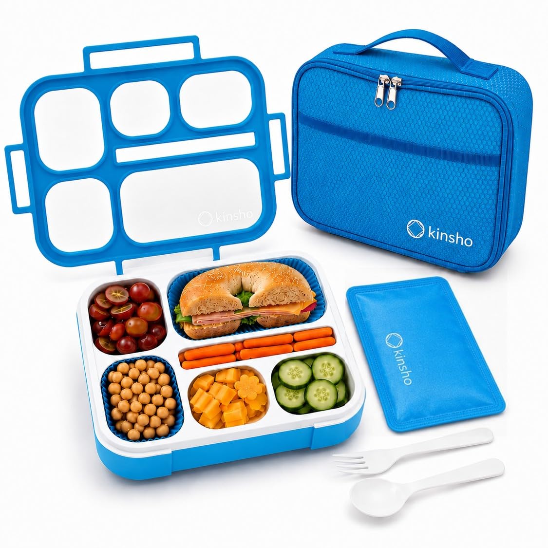 kinsho Bento Lunch Box, Ice Pack Insulated Bag for Kids, Boys, Teens, Blue