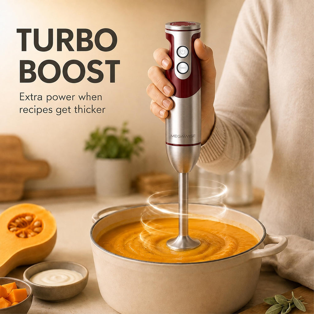 MegaWise 3-in-1 Hand Blender Set with Variable Speed Control, 400W Immersion Blender - Includes Whisk, Milk Frother, Chopper, and Beaker for Smoothies, Soups, and Baby Food (RED)