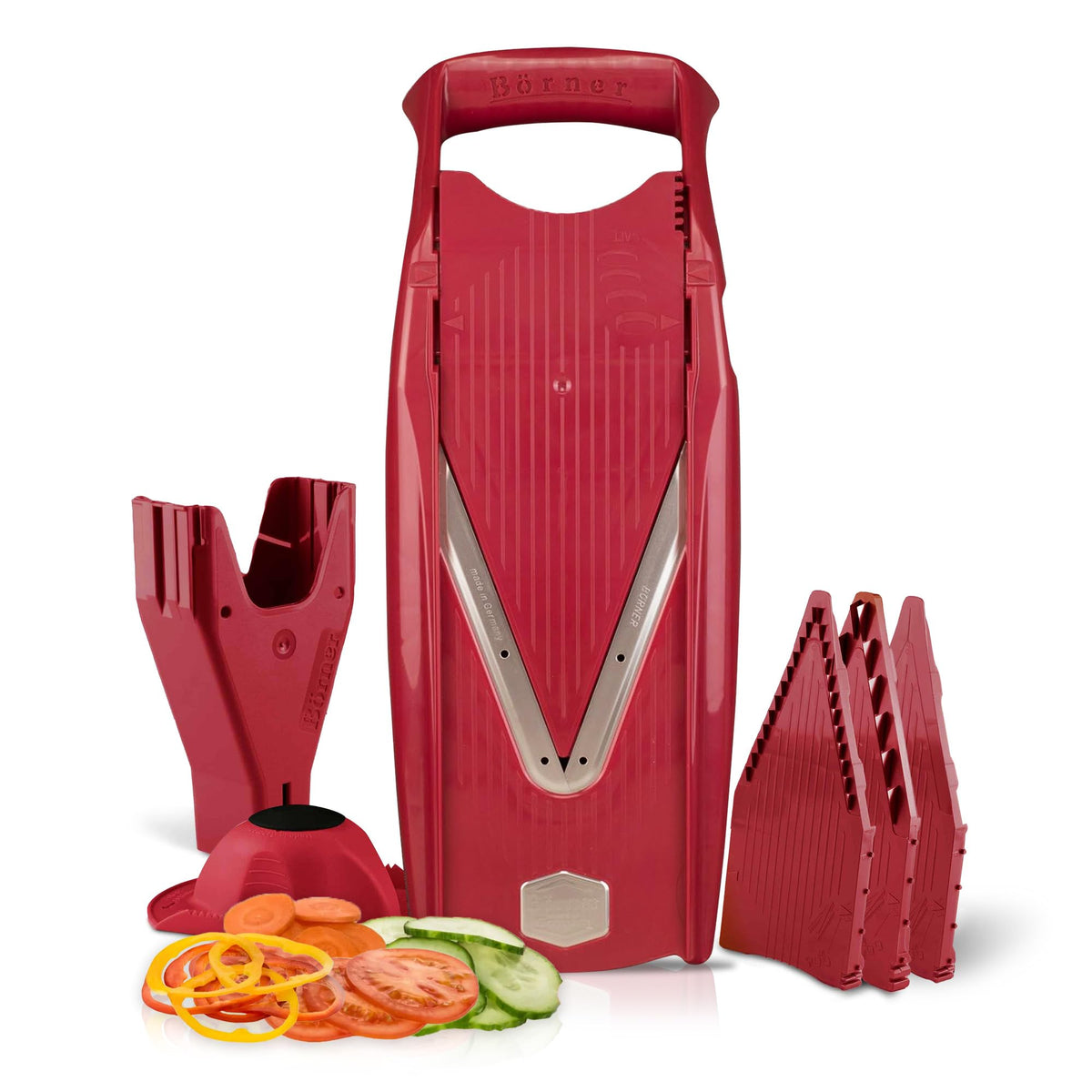 Swissmar Börner VPower V-Slicer Mandoline – Professional Kitchen Tool with Adjustable Thickness – Precision Food Slicer for Vegetables, Julienne & Shredding – Includes Safety Holder & Inserts - Red