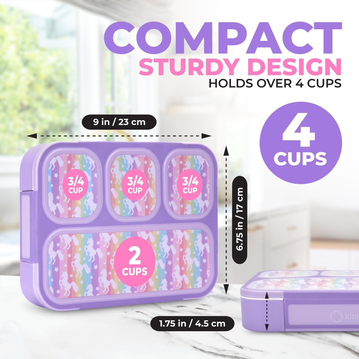 kinsho Bento Lunch Box with Insulated Bag, Ice Pack and Accessories for Girls. Snack Containers with 4 Compartment Dividers for Toddlers Pre-School Daycare BPA Free Set, Utensils, Rainbow Unicorn
