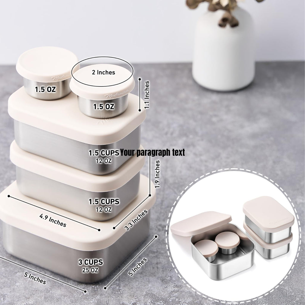 Flexibento - Leak proof Stainless Steel Lunch Box Containers, Sandwich and Snack Containers with Silicone Lids Metal Lunch Box, Bento Box, Set of Five, Vanilla, 1*25 OZ+ 2*13 OZ + 2 *2 OZ