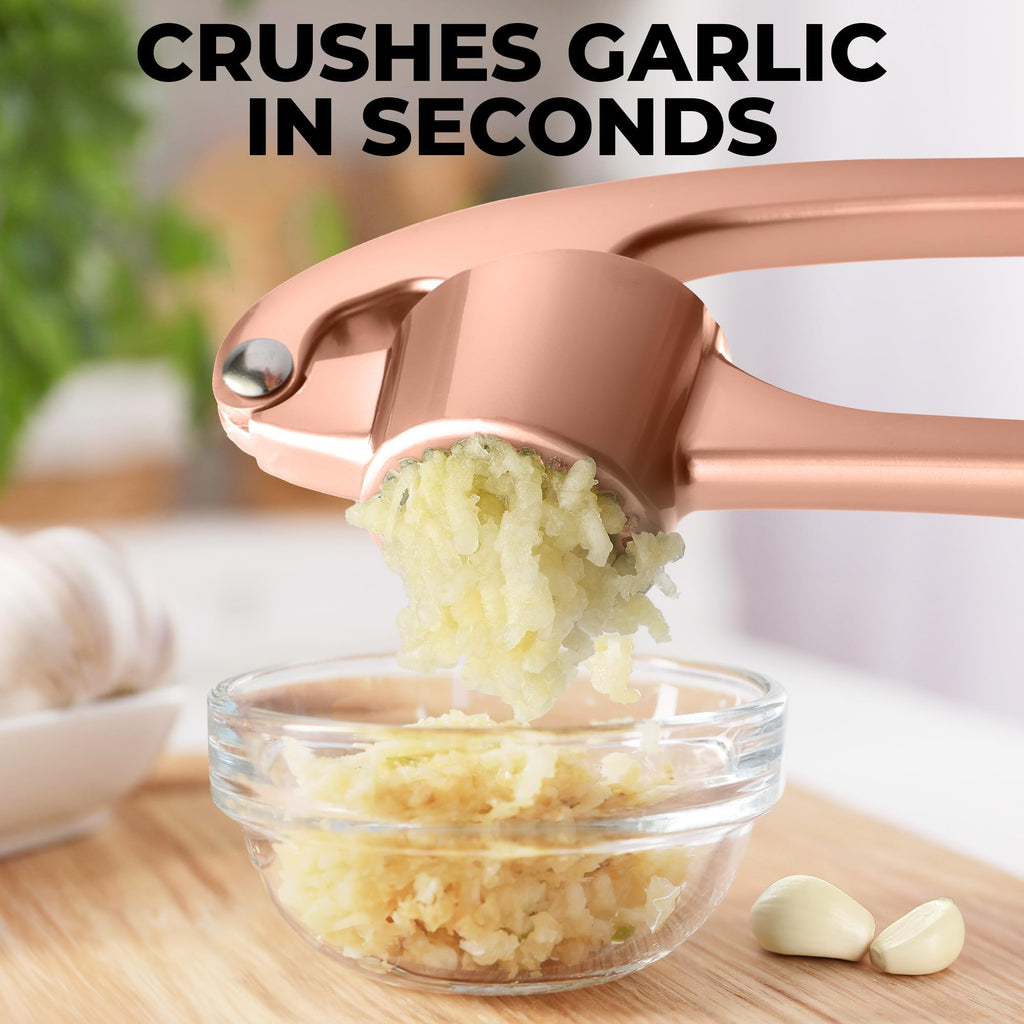 Zulay Kitchen Large Premium Garlic Press Set - Bigger Bowl for Bigger Garlic - Rust Proof Garlic Mincer Tool - Easy-Squeeze, Easy-Clean Silicone Garlic Peeler & Brush (Rose Gold)