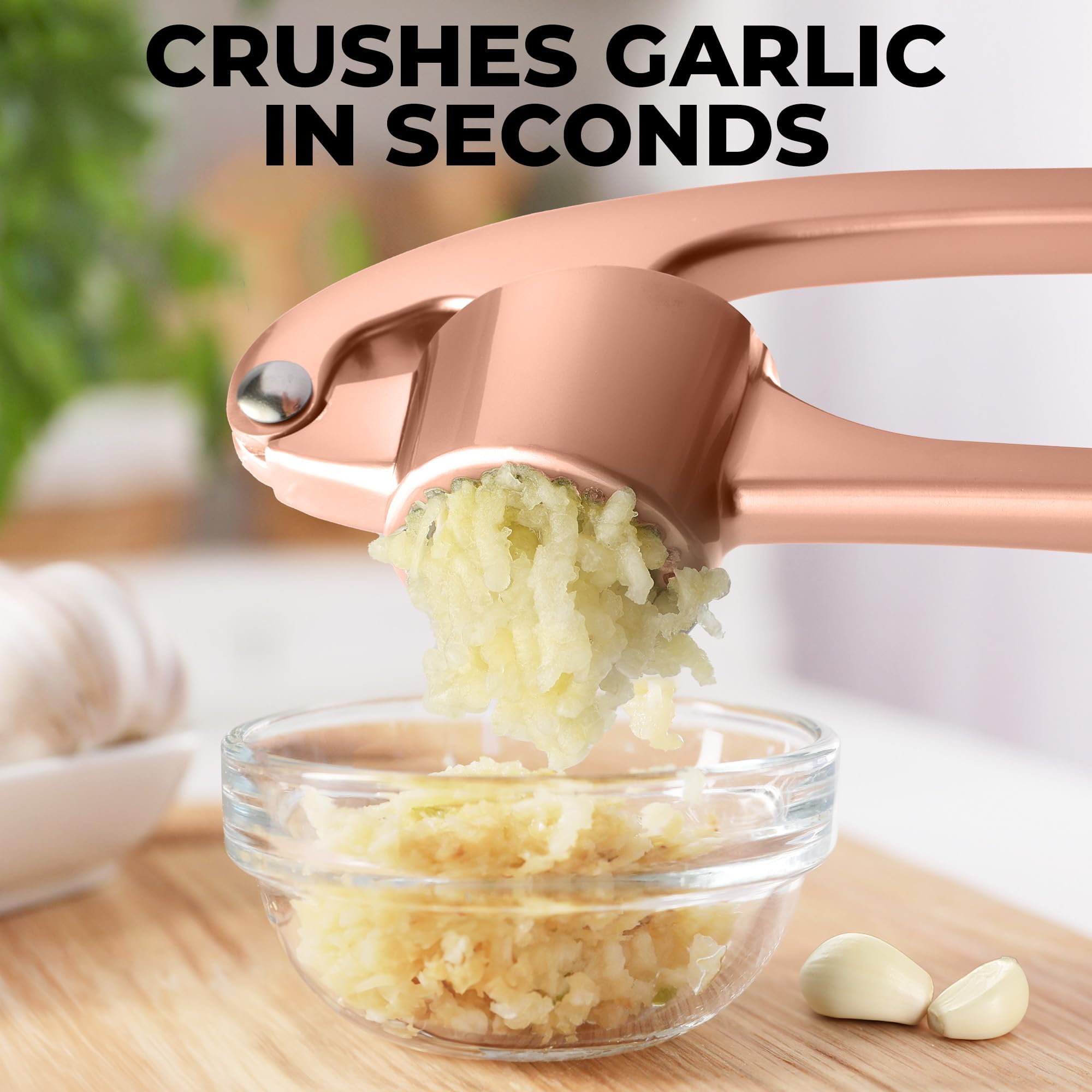 Zulay Kitchen Large Premium Garlic Press Set - Bigger Bowl for Bigger Garlic - Rust Proof Garlic Mincer Tool - Easy-Squeeze, Easy-Clean Silicone Garlic Peeler & Brush (Rose Gold)
