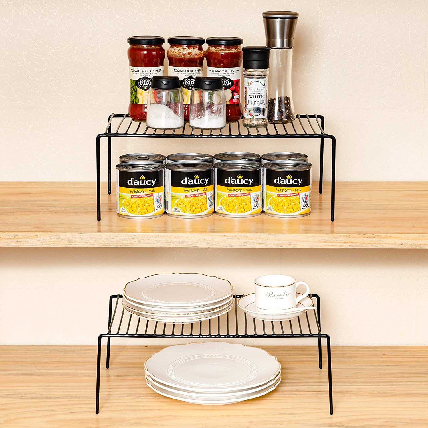 GEDLIRE Kitchen Cabinet Shelf Organizer Set of 2, Medium (13 x 9.4 inch) Metal Wire Pantry Storage Shelves, Dish Plate Racks for Cabinets, Freezer, Counter, Cupboard Organizers and Storage, Black