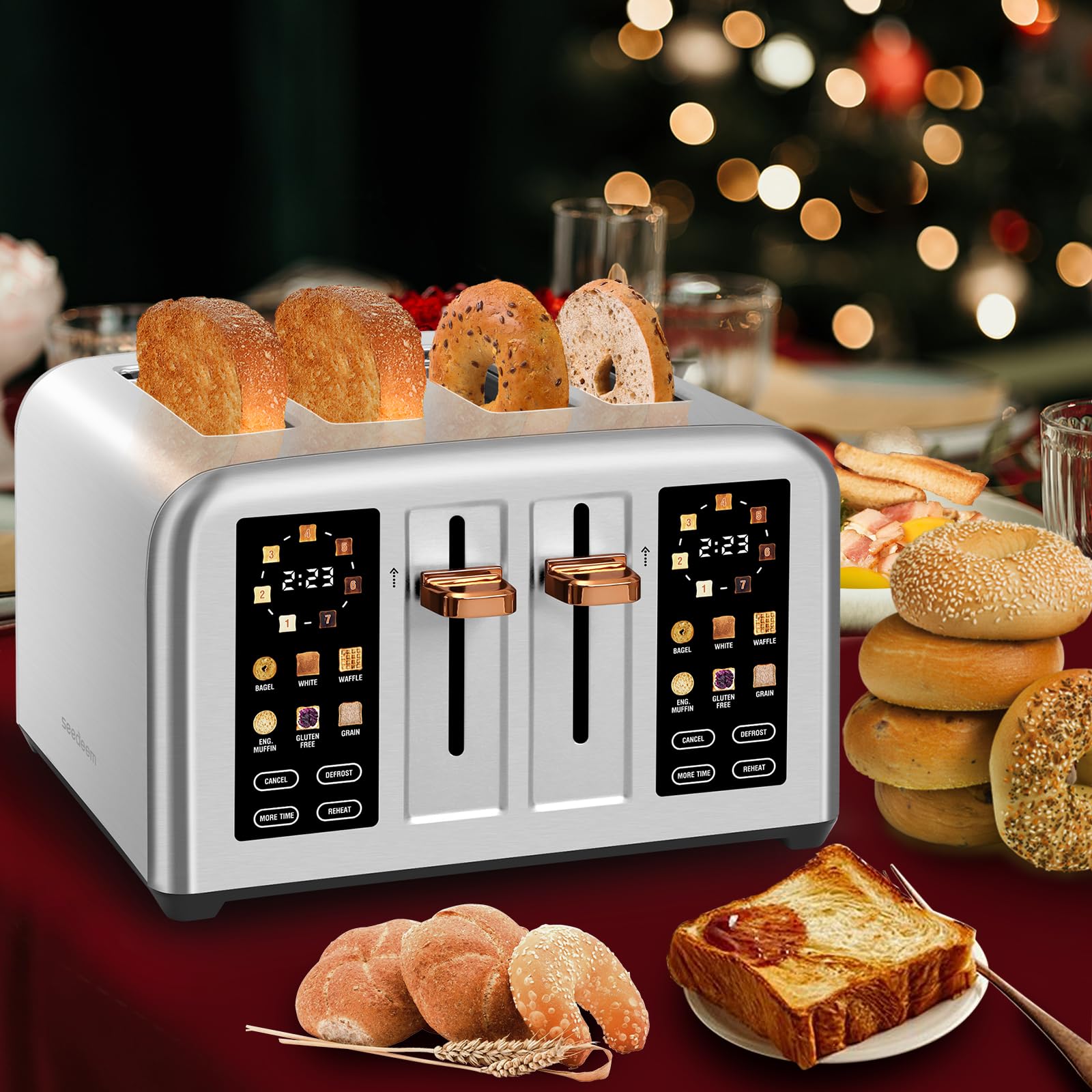 SEEDEEM 4-Slice Touchscreen Toaster, Stainless, 7 Shade, 1800W, Silver