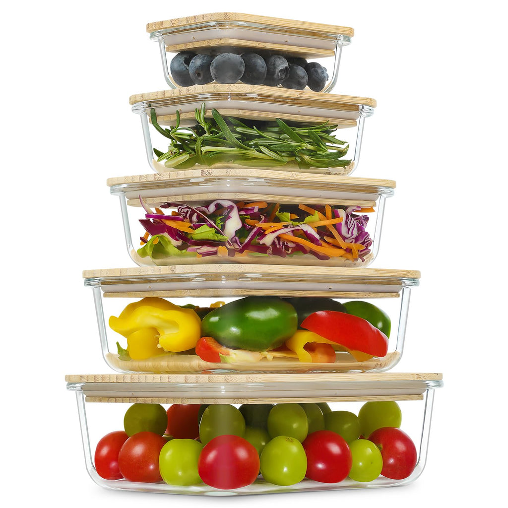 Urban Green Glass Containers with Bamboo Lids, Meal Prep Glass Food storage Container Set, 5 Pack, Pantry & Kitchen Organizer, Microwave, Oven, Freezer Safe