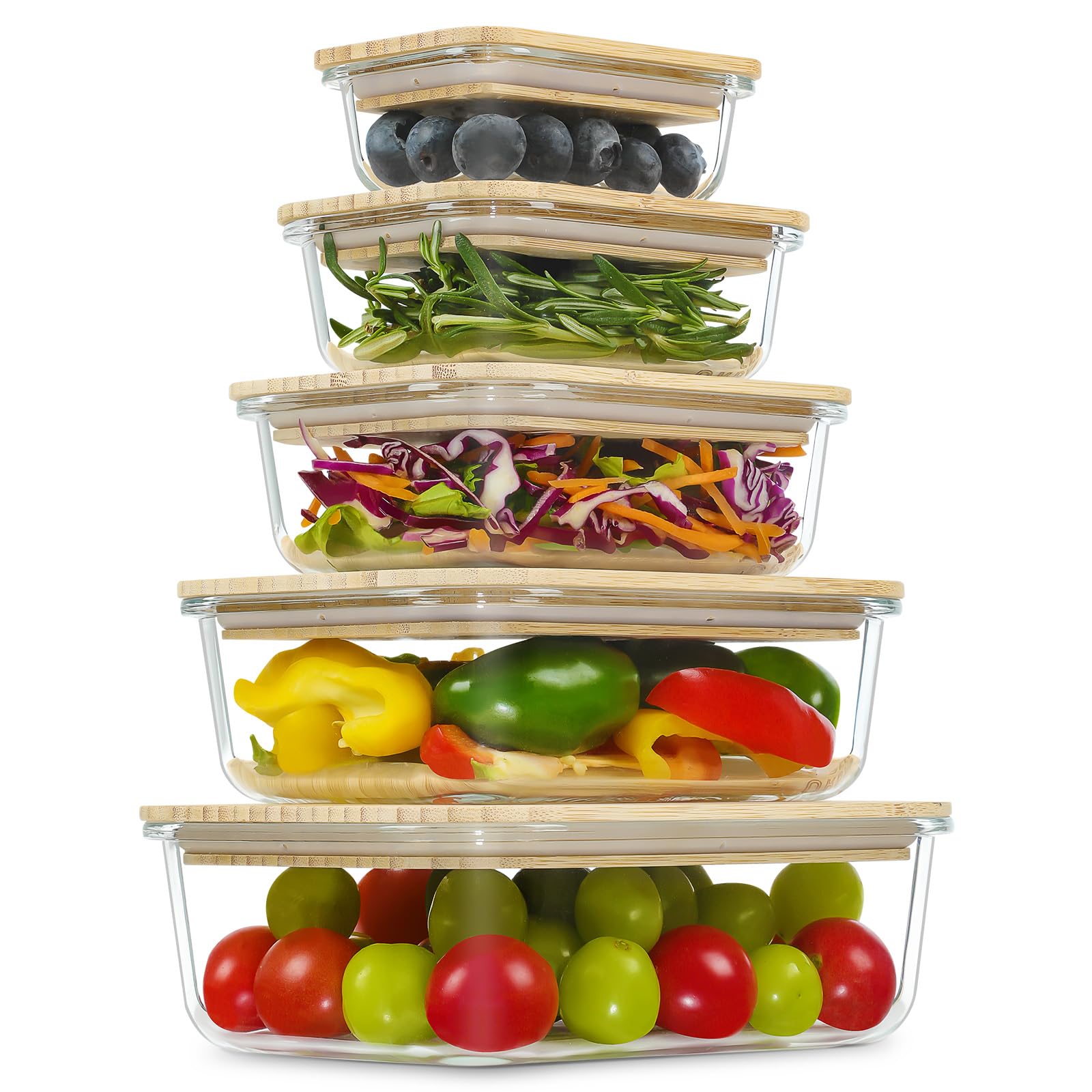 Urban Green Glass Containers with Bamboo Lids, Meal Prep Glass Food storage Container Set, 5 Pack, Pantry & Kitchen Organizer, Microwave, Oven, Freezer Safe
