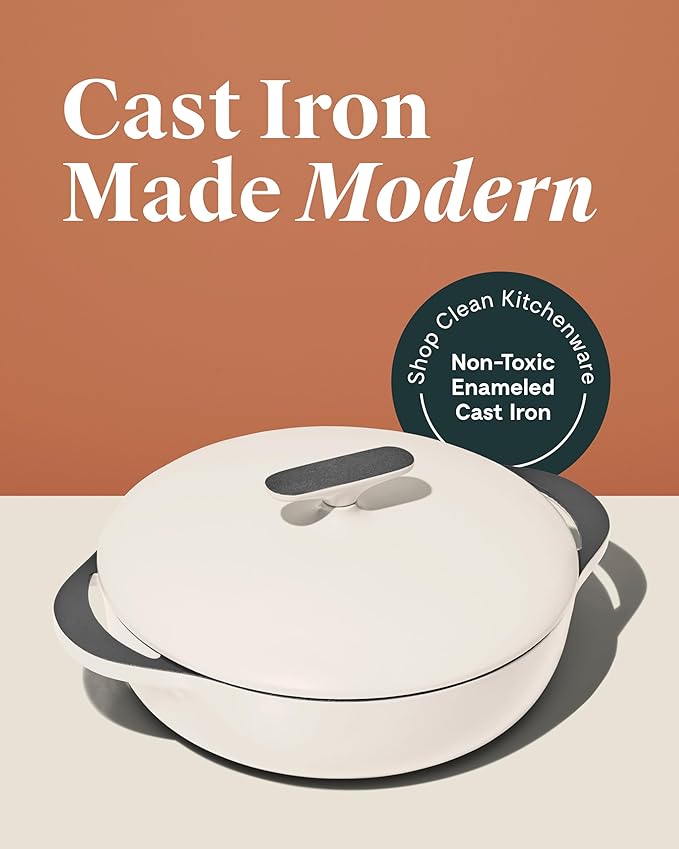 Caraway Enameled Cast Iron Braiser - 3.5 qt Braiser Pan - 3 Layer Enamel Coating - No Seasoning Required - Compatible With All Stovetops - Oven Safe - Free From Forever Chemicals - Cream