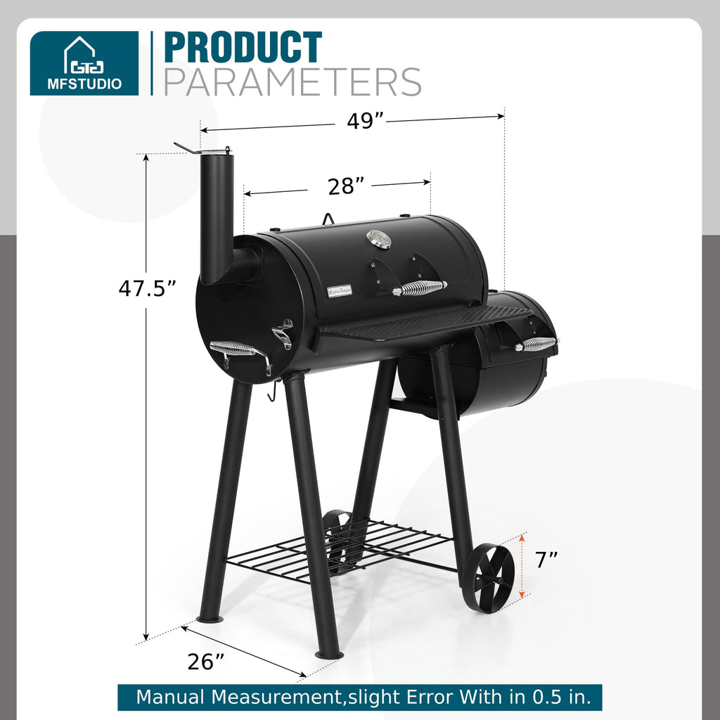 MFSTUDIO Barrel Charcoal Grill w/Offset Smoker w/ 512 SQ.IN. Cooking Area
