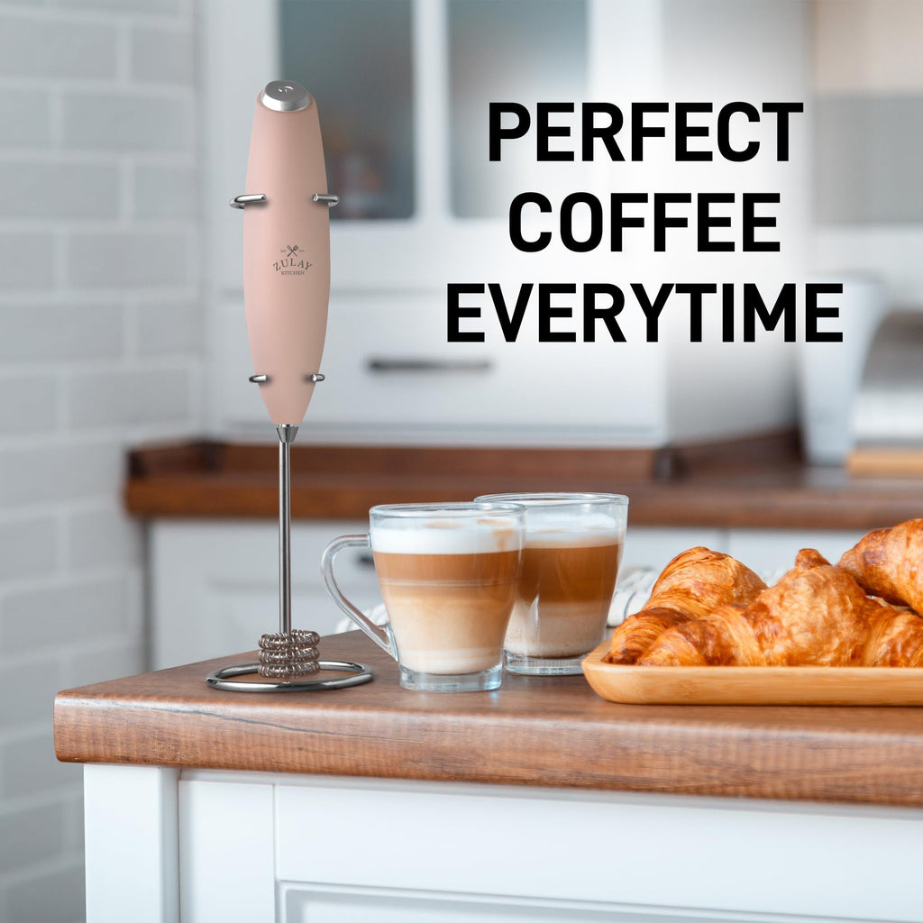 Zulay Kitchen Powerful Milk Frother Wand With Duracell Batteries - Ultra Fast Handheld Drink Mixer - Electric Whisk Foam Maker for Coffee, Lattes, Cappuccino & Matcha - Triple Whisk - Peach Pink