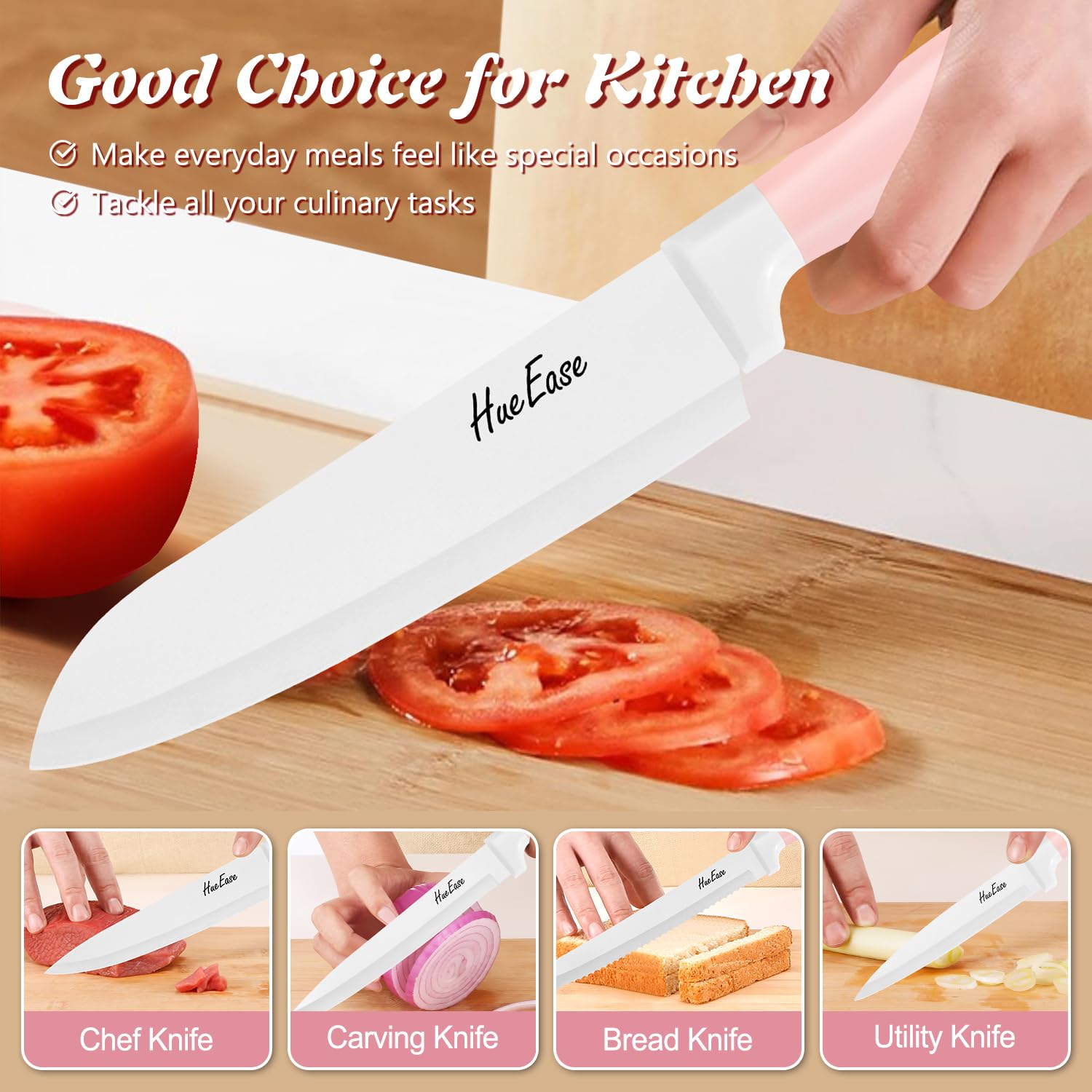HueEase 14 Pieces Knife Set with Block, Ceramic White Coating, High Carbon Stainless Steel Sharp Blade Block Knife Set, Dishwasher Safe Cutlery, Colliding Pink