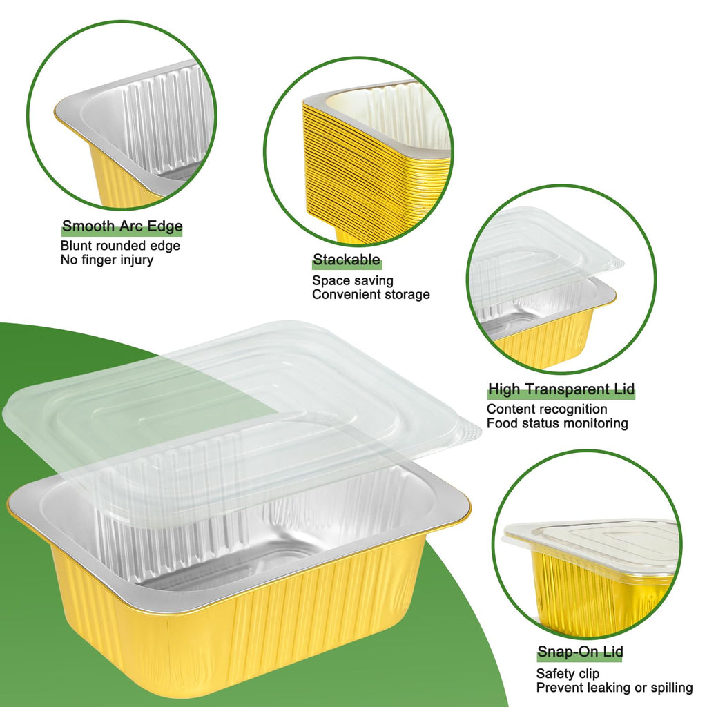 40 Pack 3LB Gold Aluminum Foil Pans with Lids Heavy Duty Food Containers