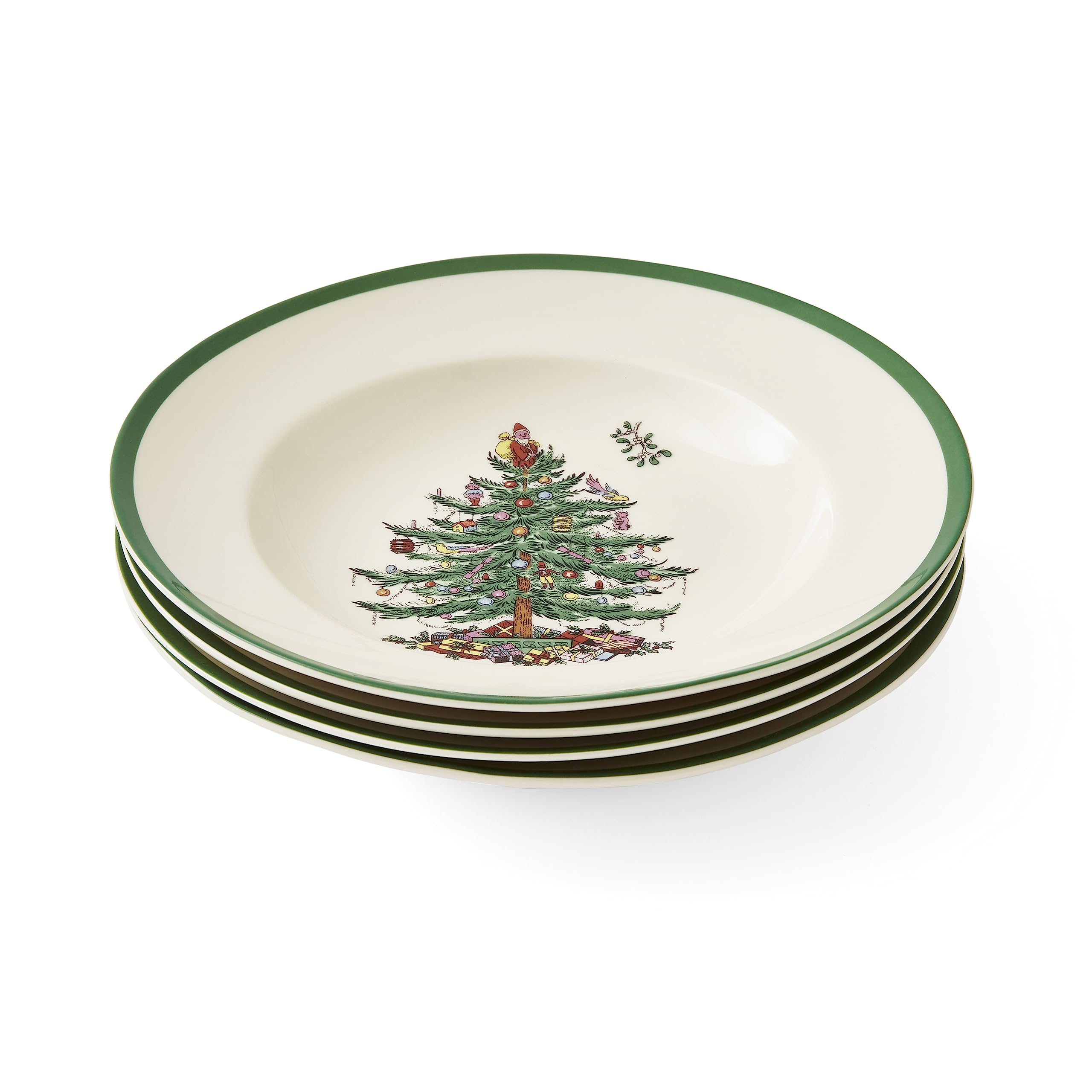 Spode Christmas Tree 9" Soup Plate (Set of 4) – Stoneware Bowls with Festive Tree Design & Green Rim, Ideal for Serving Soup, Pasta, Salad – Microwave & Dishwasher Safe Holiday Dinnerware