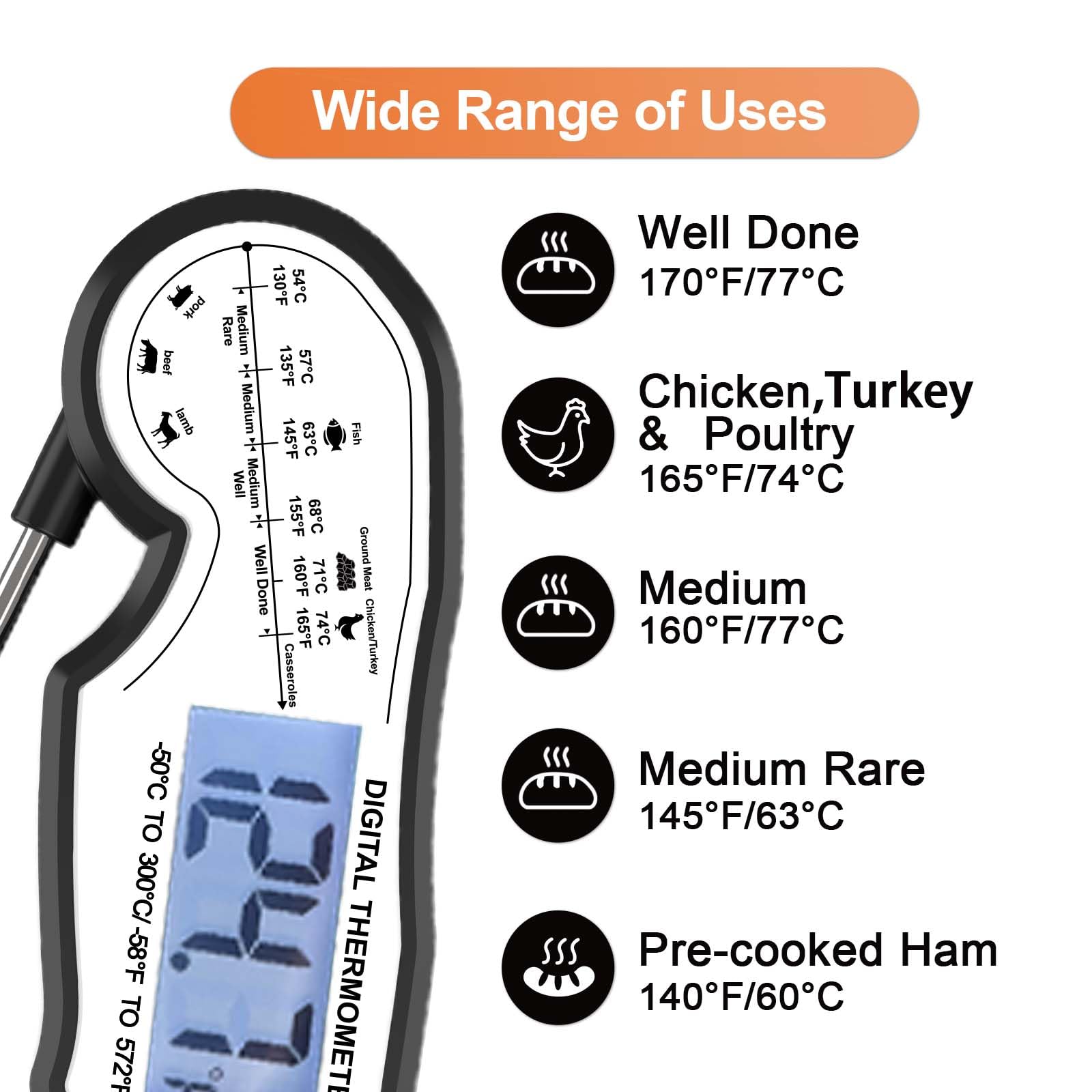 Digital Instant Read Meat Thermometer Digital for Grilling and Cooking - ANDAXIN Waterproof Ultra-Fast Thermometer with Backlight&Calibration&Foldable Probe for Kitchen,Deep Fry,BBQ,Grill-Black/White