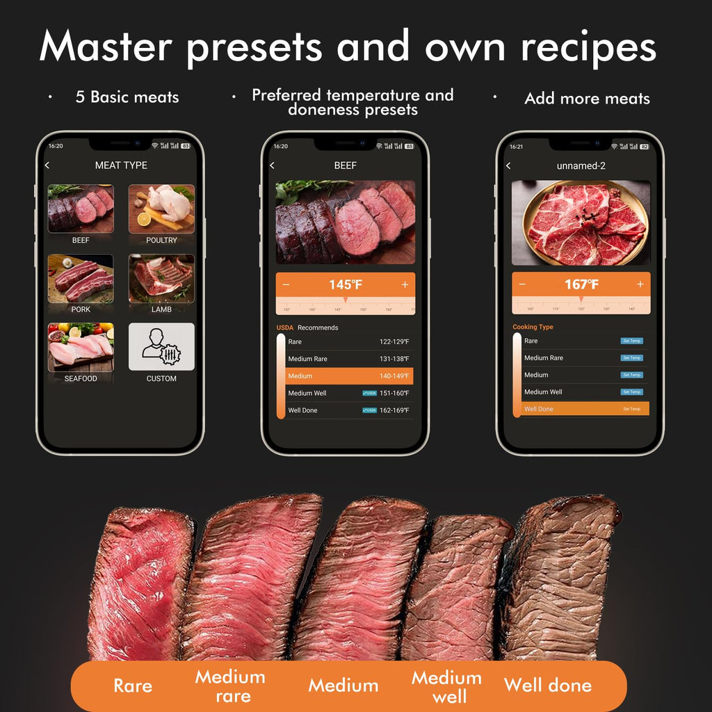 Smart Wireless Meat Thermometer 4 Probes, Bluetooth Food Thermometer, Remote Tracking and Real-Time Readings from Apps, for iOS and Android, for BBQ, Grill, Smoker