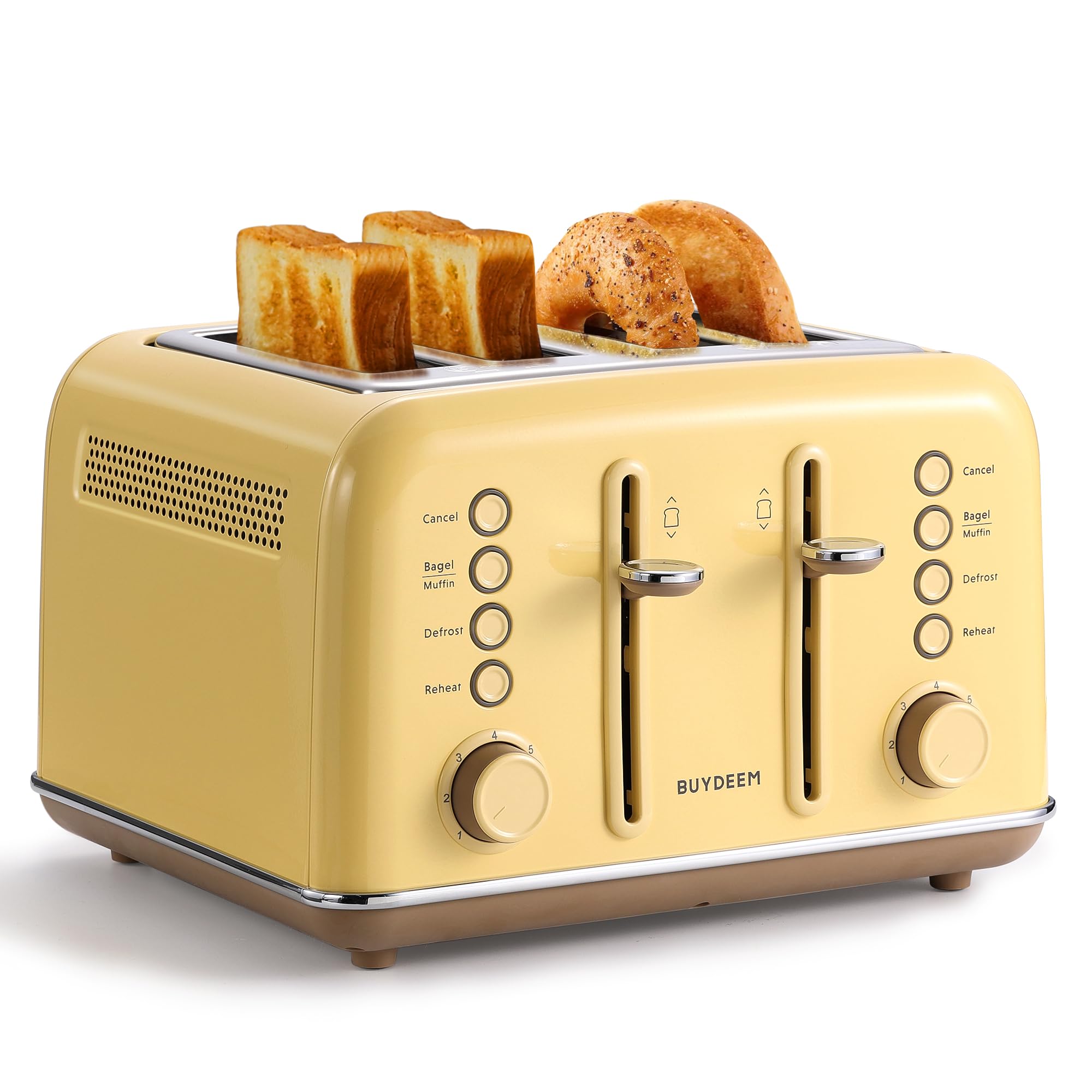 BUYDEEM DT640 4-Slice Toaster, 7 Shade Settings, Extra Wide 1.5’’ Slots for Bagel & English Muffin, 6 Toasting Functions, Retro Stainless Steel Toaster with High Lift Lever, 1800W, Yellow