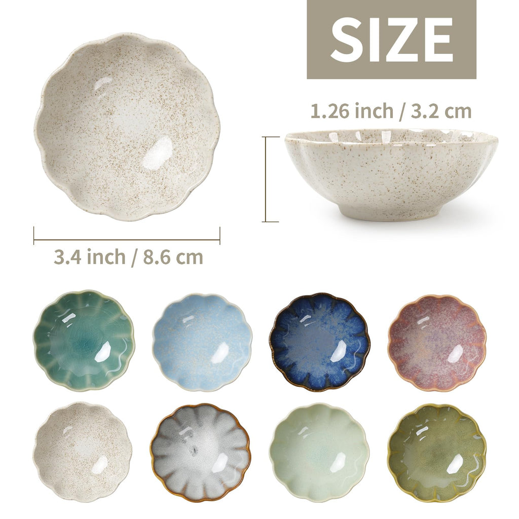 ZEBERBO Dipping Bowls Set of 8, Ceramic Soy Sauce Dishes, 3 oz Dipping Sauce Cups, chrysanthemum Round Small Side Dish Dishes for Dipping Sushi Tomato Soy Sauce Dish Condiment Finger Bowls