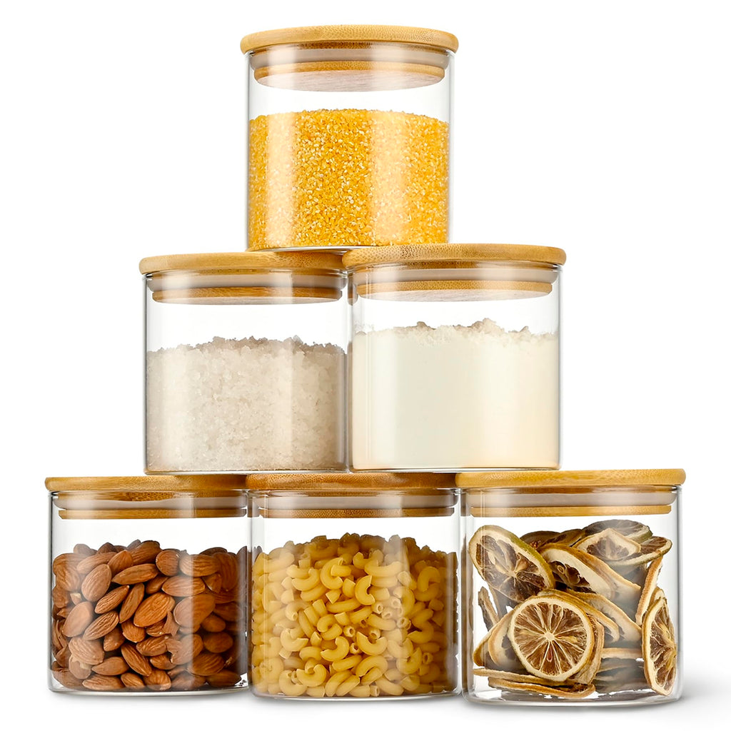 D2scrma 22oz Straight cylindrical Airtight Storage Jars with Bamboo Lid Set of 6 Storage Container Stackable Spice Jar, Kitchen Canister for Sugar, Tea, Cookies and Coffee beans (with Black Lable)