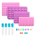 Gummy Candy Molds, 4 Pcs Silicone Chocolate Molds with 4 Droppers, Non-stick Candy Molds for Caramels, Ganache, Ice Cubes, Bone Bear Donut Heart Shape Included