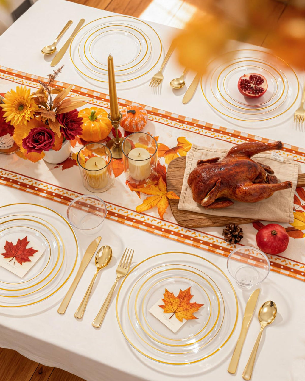 bUCLA 150Pcs Clear Gold Plastic Dinnerware Set - Clear and Gold Disposable Plates Include 25 Dinner / 25 Dessert Plates,25 Knives,25 Forks,25 Spoons,25 Cups for Party
