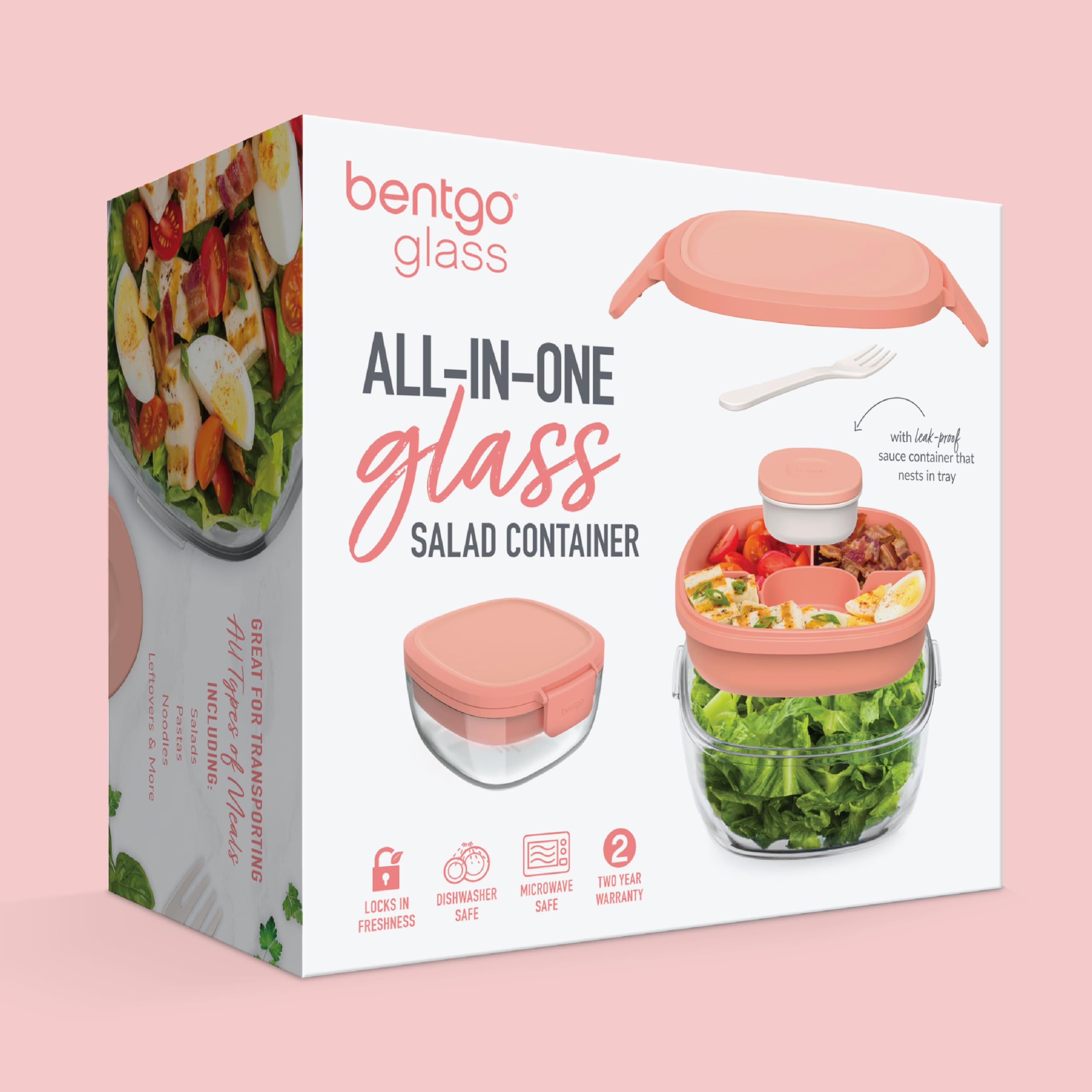 Bentgo Glass Salad Container with Airtight Lid & Leak-Proof Sauce Cup