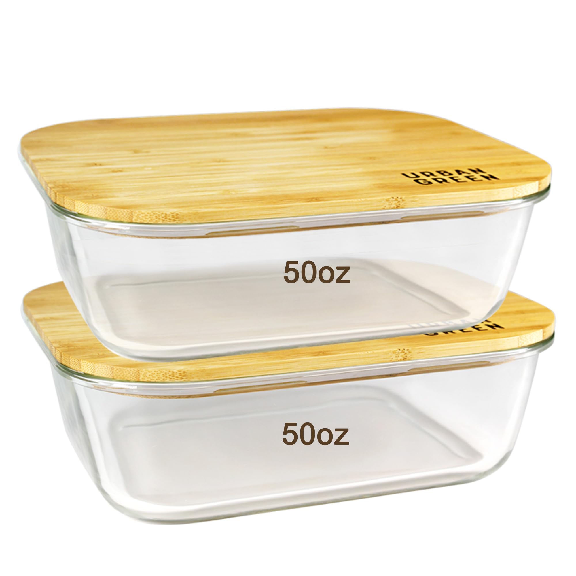 Urban Green Glass Container with Bamboo Lid, 2 Pack of 50oz, Large Glass food storage Container with Lids, Meal Prep Containers Set of 2