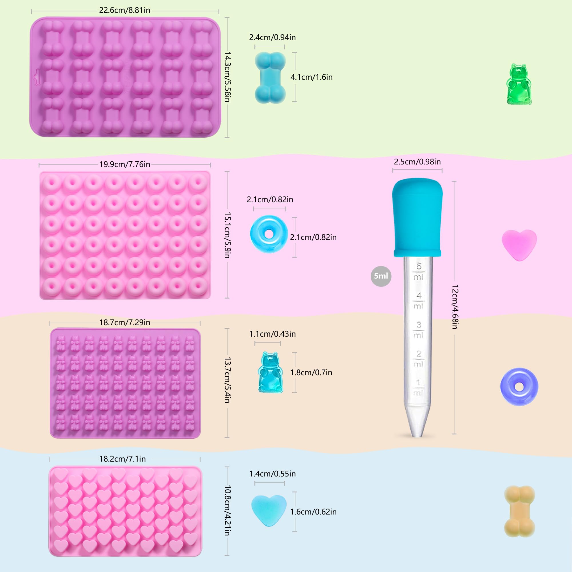 Gummy Candy Molds, 4 Pcs Silicone Chocolate Molds with 4 Droppers, Non-stick Candy Molds for Caramels, Ganache, Ice Cubes, Bone Bear Donut Heart Shape Included