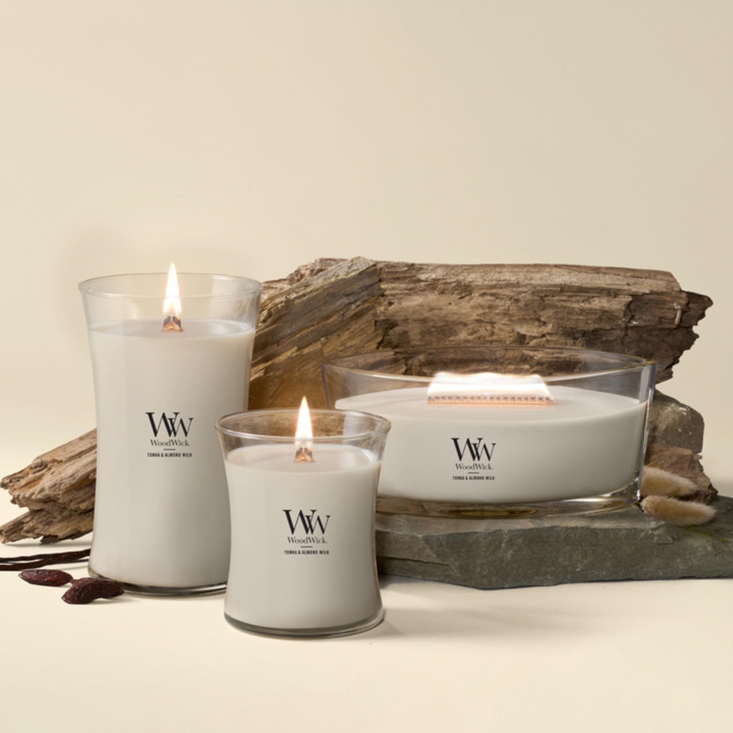 WoodWick Tonka & Almond Milk Gifts for Women and Men, 21.5 oz Large Hourglass Candle with Crackling Wick