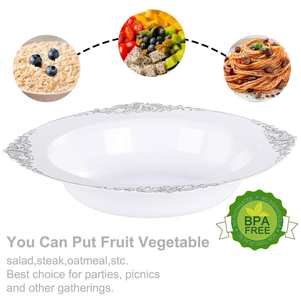 Nervure 50PCS White Plastic Bowls with Silver Rim 12oz Disposable Soup Bowl