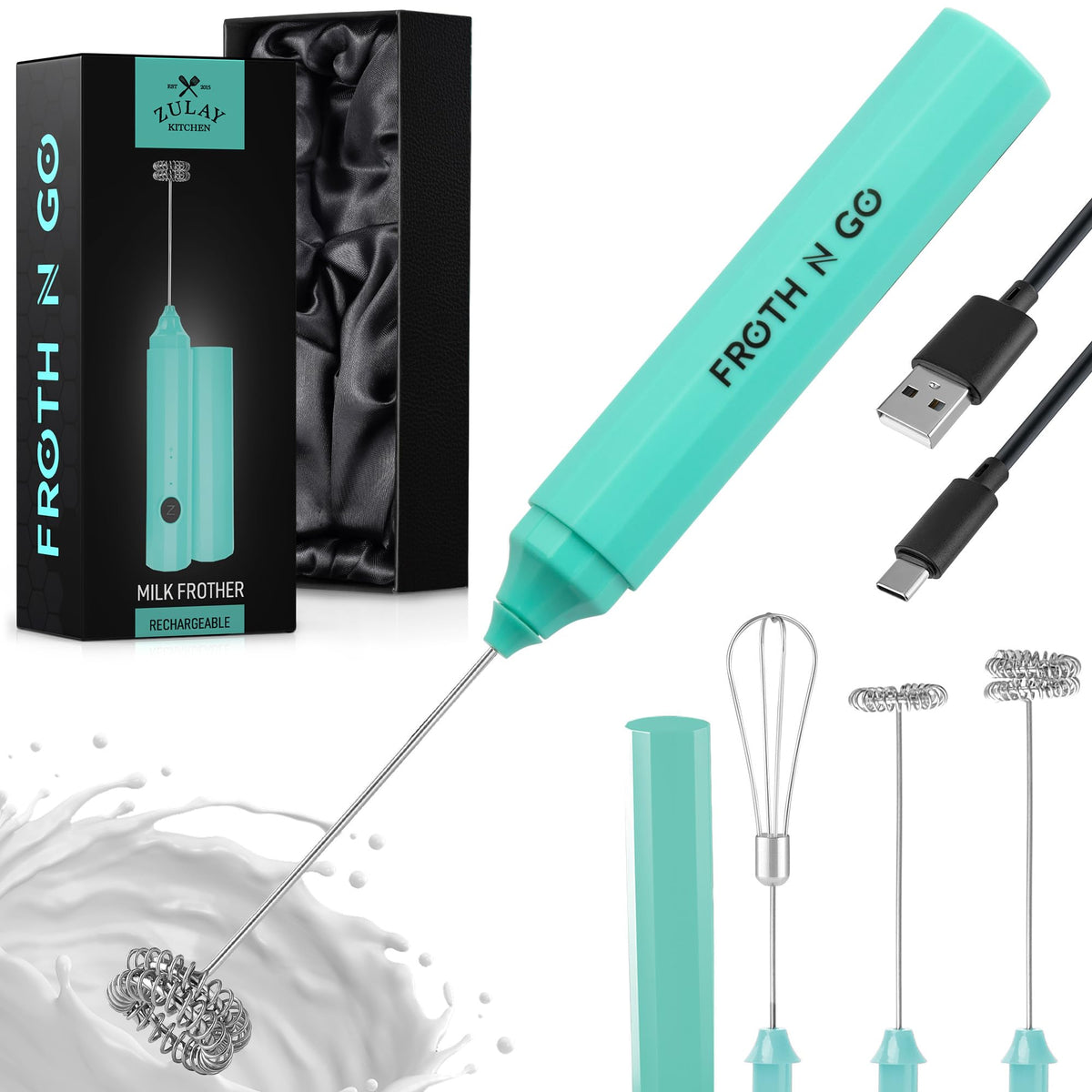 Zulay Powerful Milk Frother for Coffee with Upgraded Titanium Motor - Handheld Electric Whisk, Milk Foamer, Mini Mixer & Coffee Blender for Frappe, Latte, Matcha, No Stand - Pristine Teal