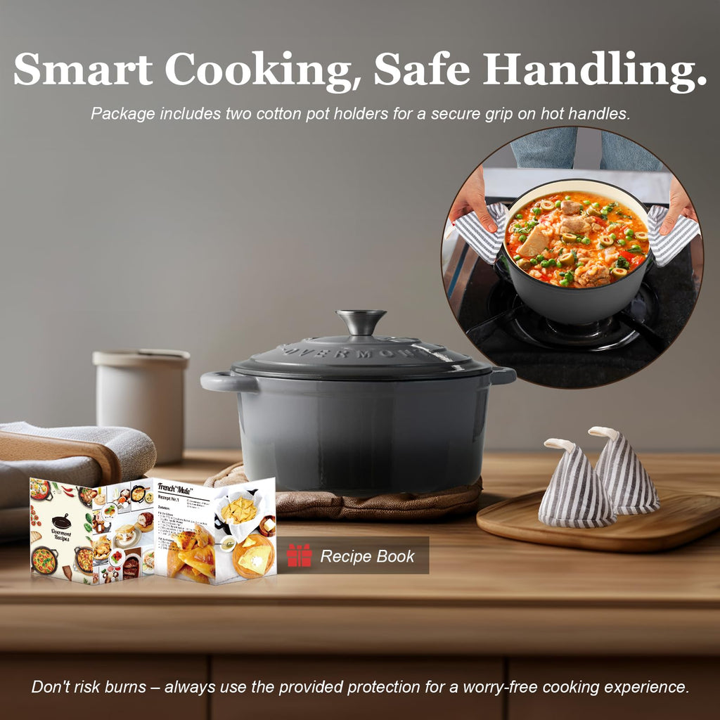 Overmont Enameled Cast Iron Dutch Oven - 7QT Pot with Lid Cookbook & Cotton Potholders - Heavy-Duty Cookware for Braising, Stews, Roasting, Sourdough Baking grey