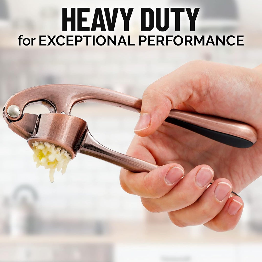 Premium Garlic Press Stainless Steel - Elevate Your Culinary Experience with Our Premium Garlic Mincer, Crusher & Peeler Set, Dishwasher Safe & Rust-proof (Bronze)