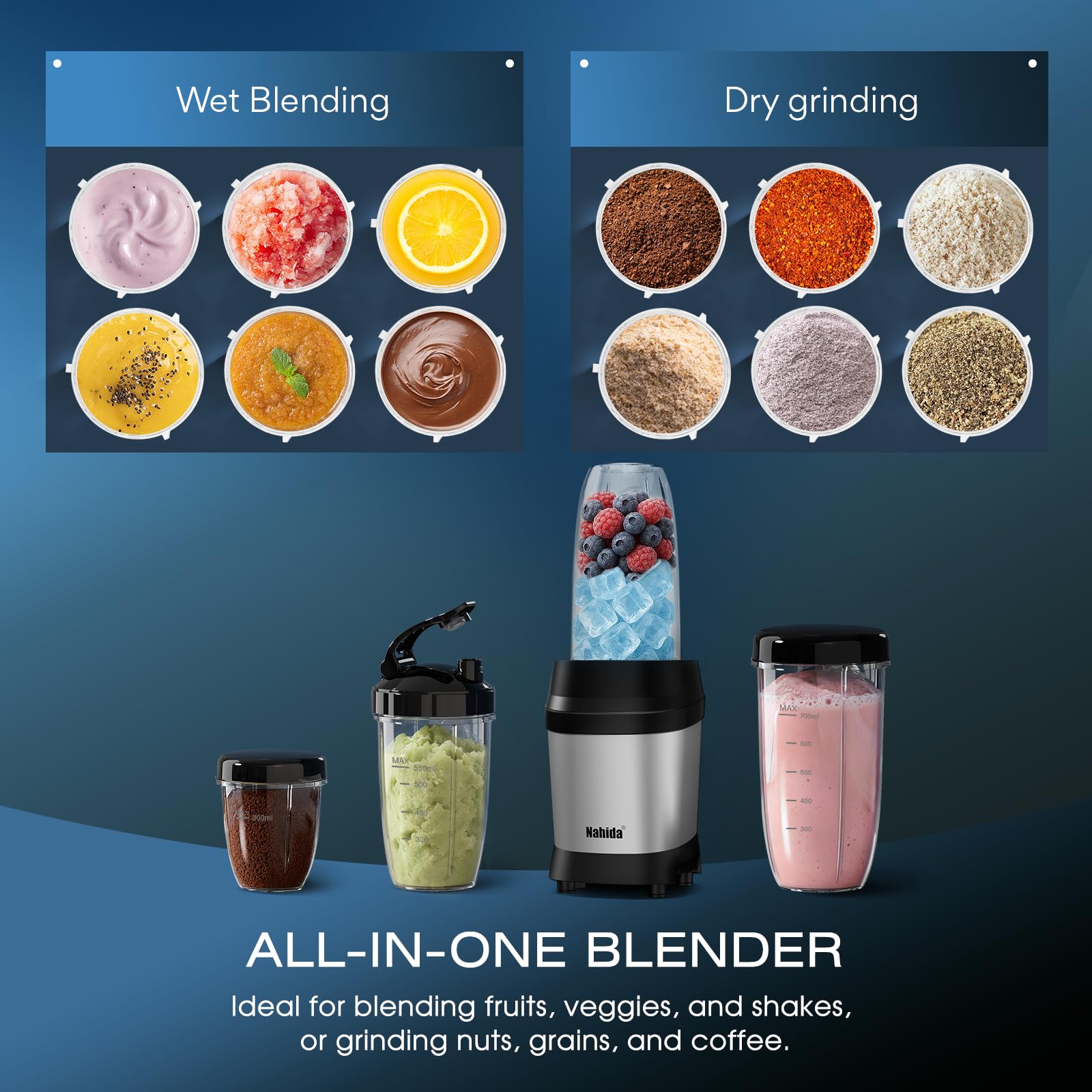 Nahida Blender for Smoothies, 1200W Smoothie Blender for Ice Crushing, Blenders with (2) 6-Fin Blades, Personal Blenders for Kitchen with 23oz, 32oz, 37oz Easy Go Cups for Juices, Silver