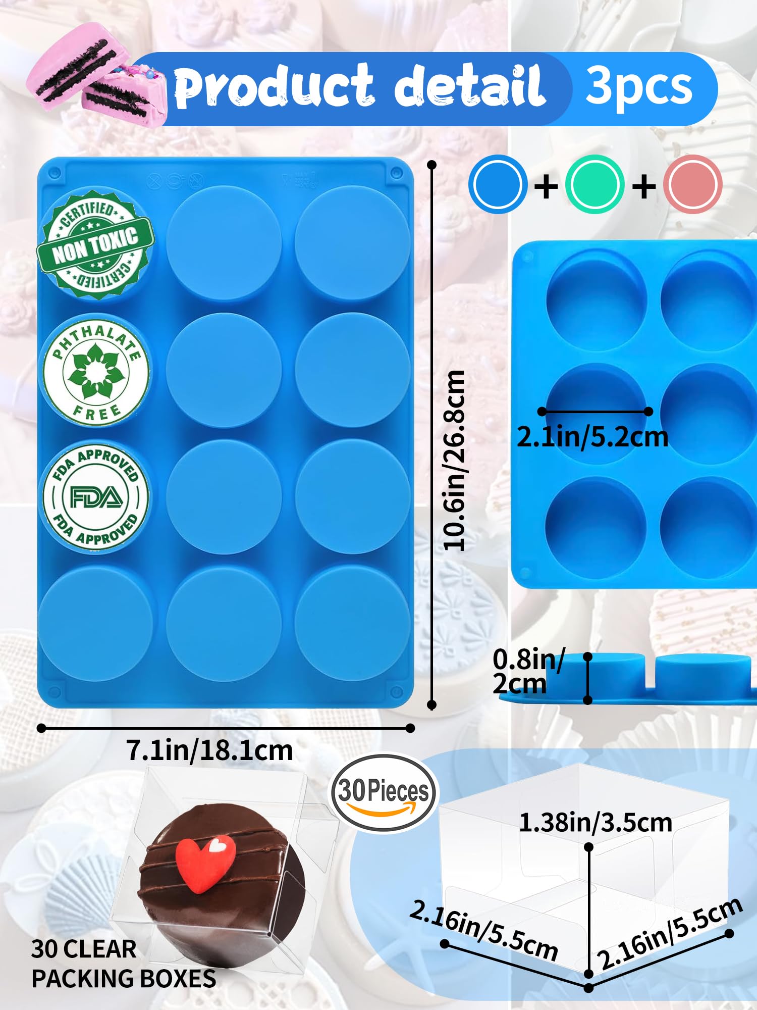 3 Pcs Round Chocolate Cookie Molds Set,12-Cavity Silicone Mold with 30 Clear Treat Boxes, Round Baking Mold for Candy, Mini Cake, Individually Wrapped Cakesicle Party Favor Packaging
