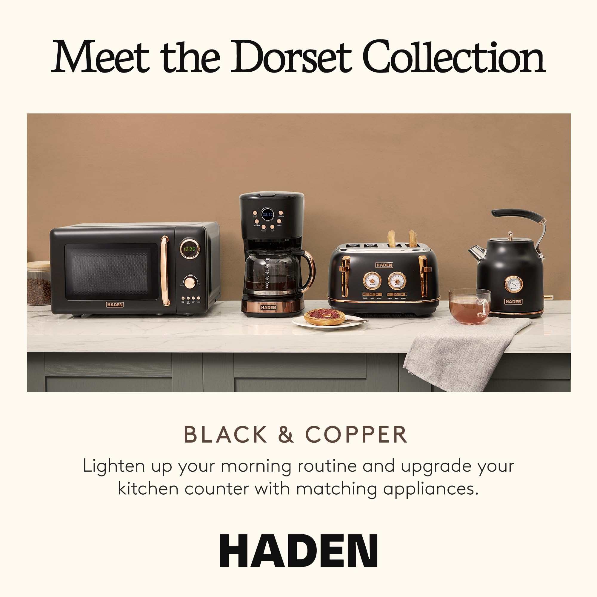 Haden Dorset 1.7 Liter Stainless Steel Electric Kettle, Hot Water Kettle with 360-Degree Base and Auto Shutoff, Black & Copper