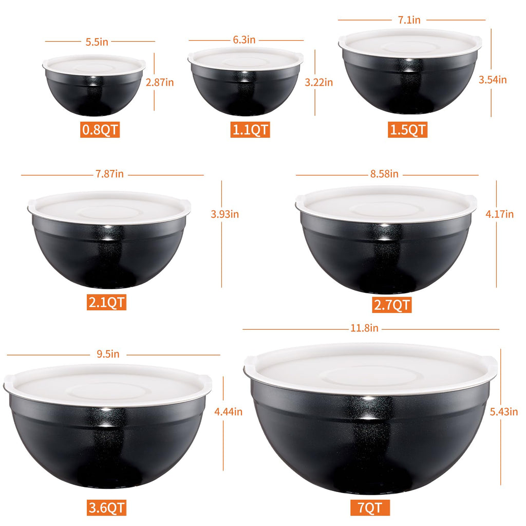 LKTDYMEG Black Mixing Bowls with Lids Set of 7, Stainless Steel Nesting Bowl with Khaki Lid for Non-slip Mixing Prepping Storing Serving, 7 Sizes-7/3.6/2.7/2.1/1.5/1/0.8 QT