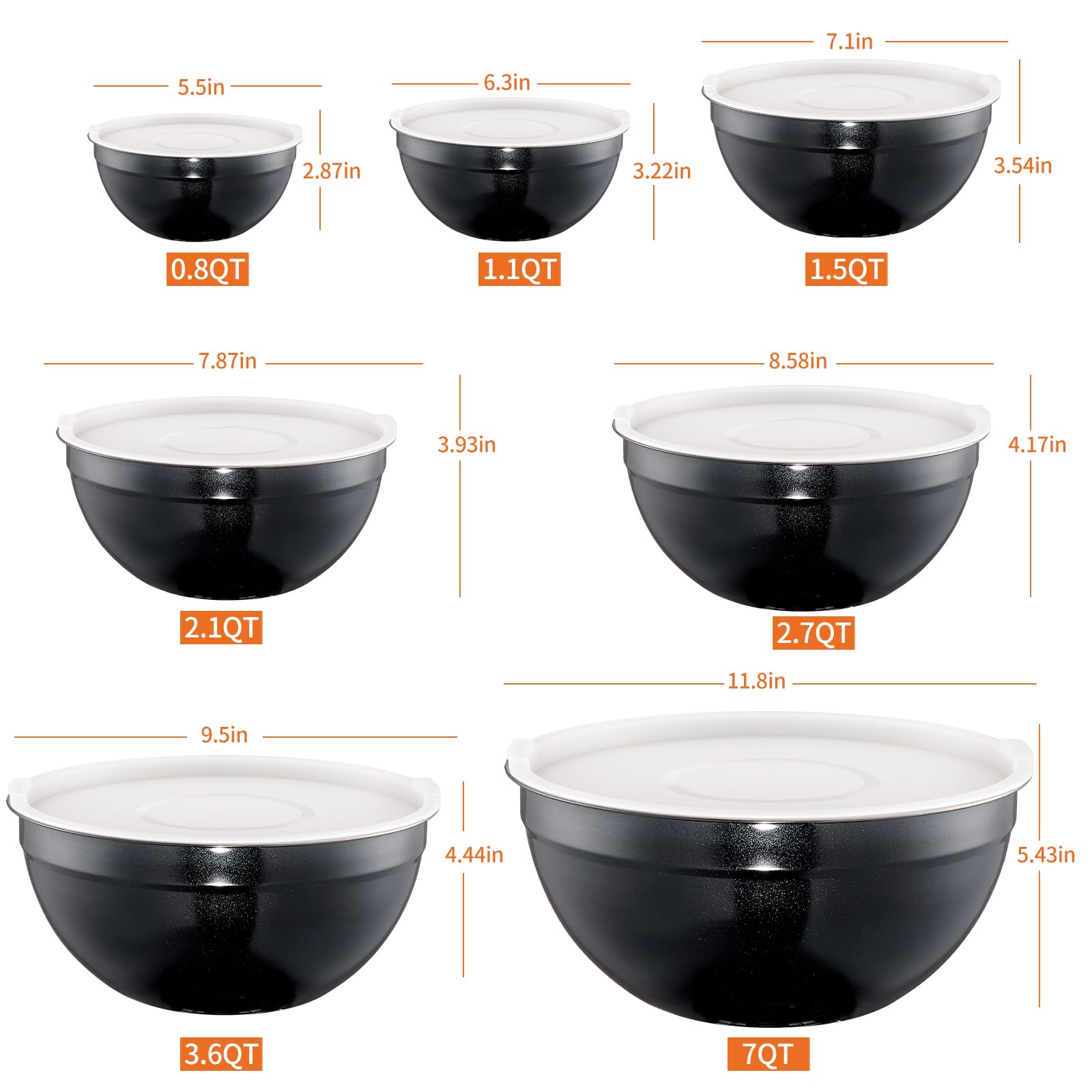 LKTDYMEG Black Mixing Bowls with Lids Set of 7, Stainless Steel Nesting Bowl with Khaki Lid for Non-slip Mixing Prepping Storing Serving, 7 Sizes-7/3.6/2.7/2.1/1.5/1/0.8 QT