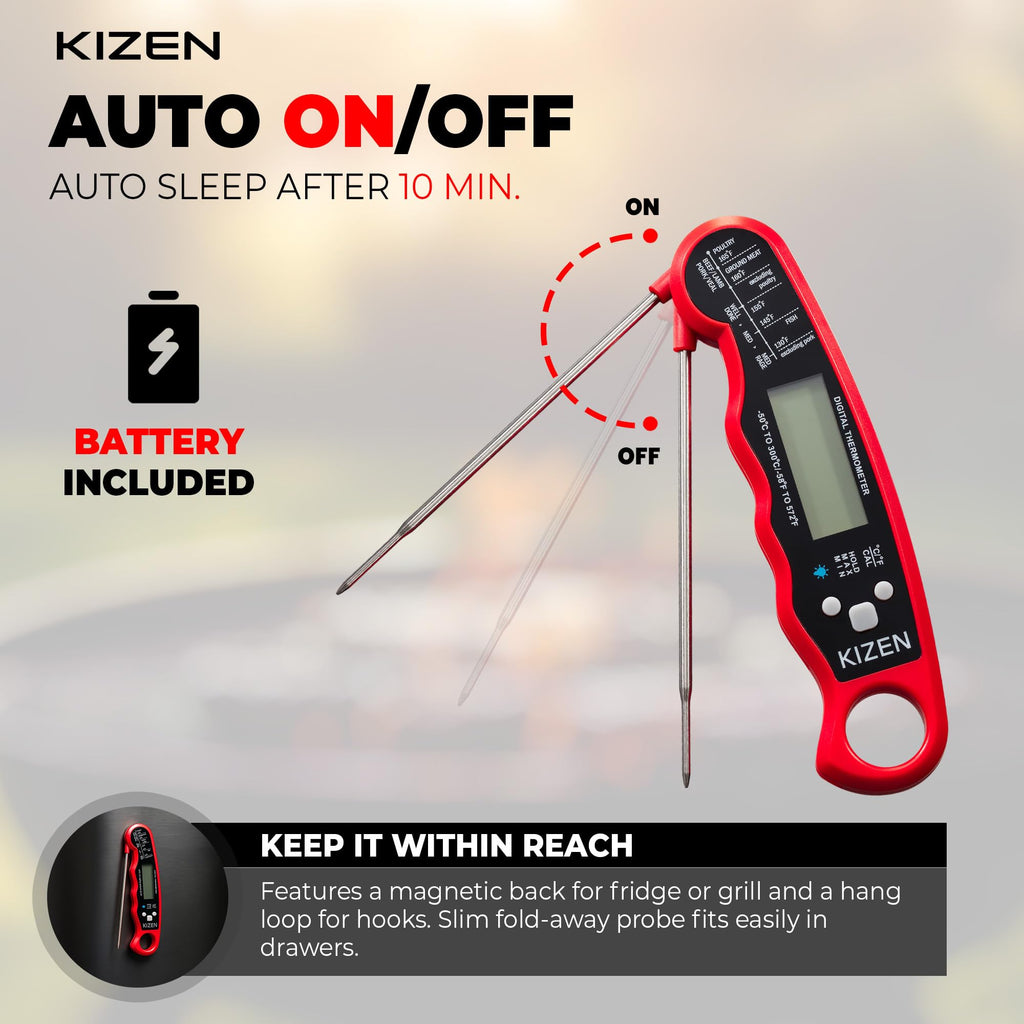 KIZEN Instant Read Meat Thermometer Digital - Food Thermometer for Cooking, Grill, Oven, BBQ - IP67 Rated Waterproof - Large Backlit Display and Magnetic Back