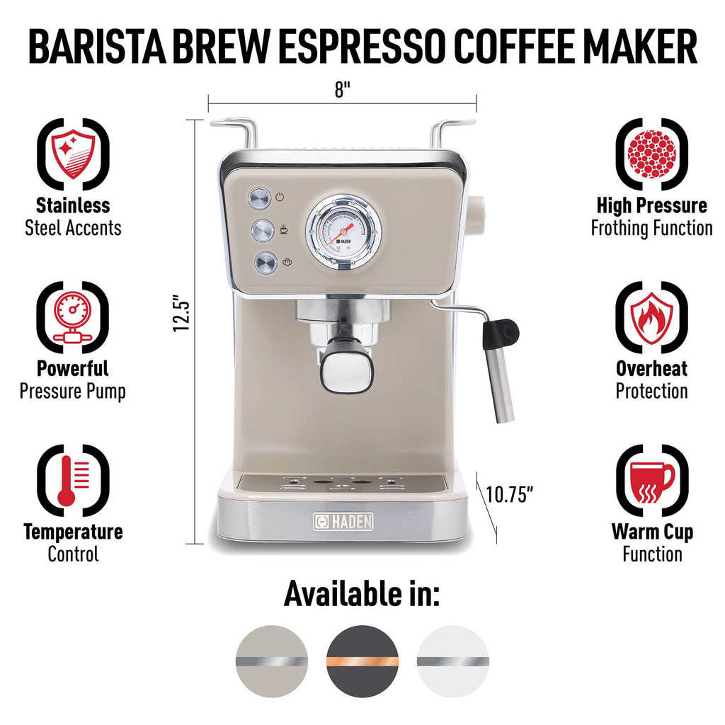 HADEN Barista Brew Espresso Coffee Machine, Stainless Steel Espresso Maker with Milk Frother and Steamer Function and 1.5L Water Tank, Putty & Copper