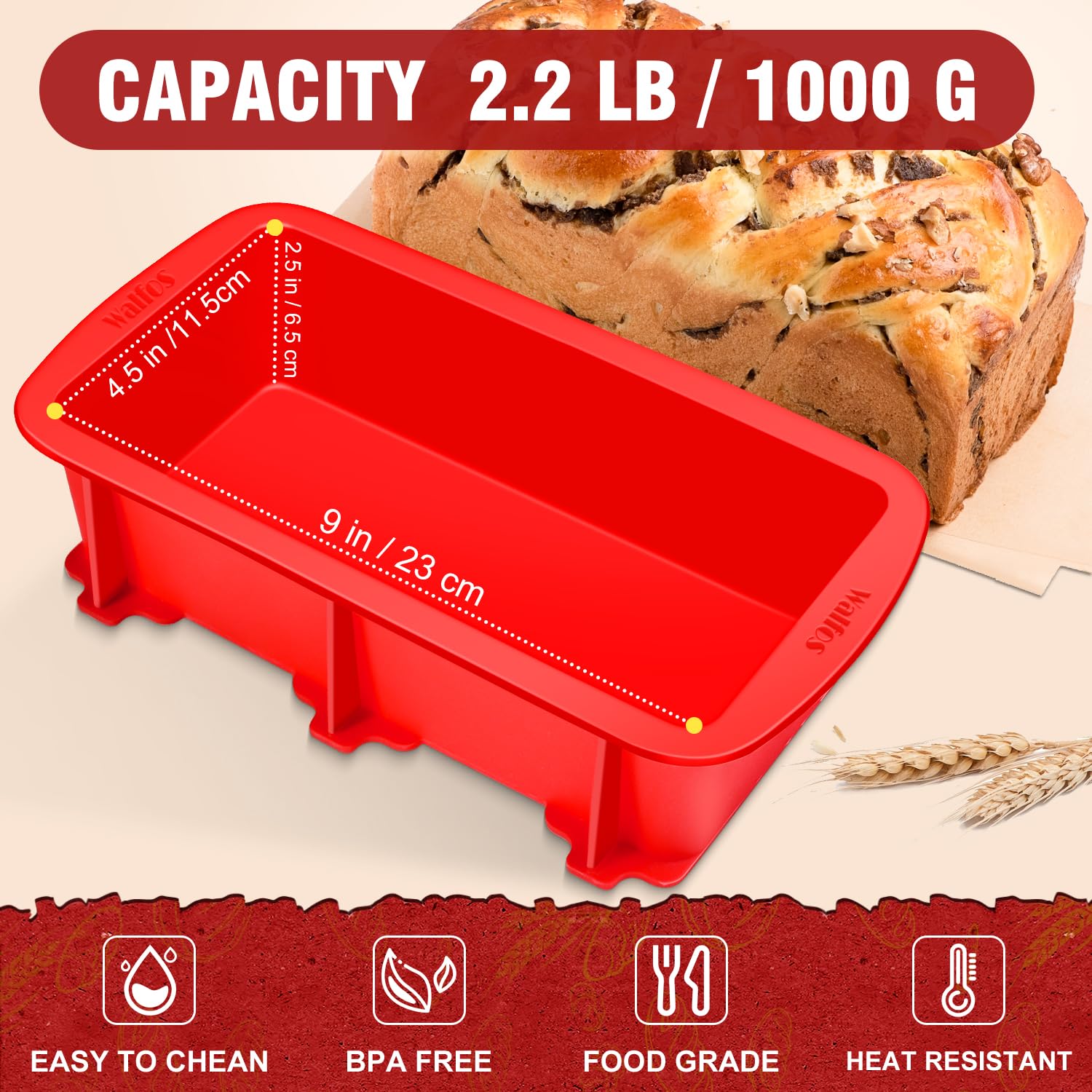 Walfos Silicone Bread Loaf Pan, 9 x 5 inch Non-Stick Silicone Loaf Pans For Baking Set of 2, Perfect For Bread, Cake, Meatloaf, Dishwasher Safe