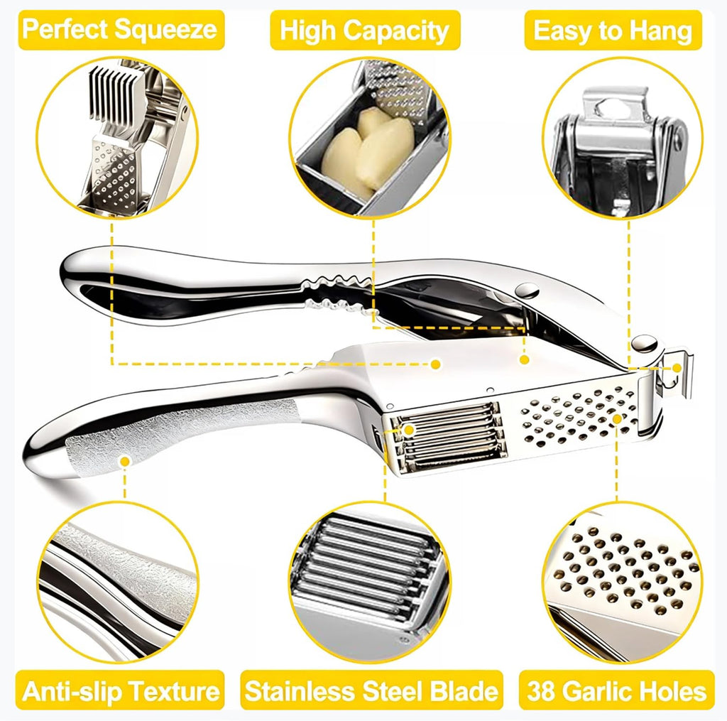 Garlic Press and Slicer 2 in 1, Rust Proof & Dishwasher Safe Professional Garlic Mincer Tool, Effortlessly Crush and Mince Garlic with this Ergonomic Handle-Garlic Slicer & Brush ANCQMI(Pear white)