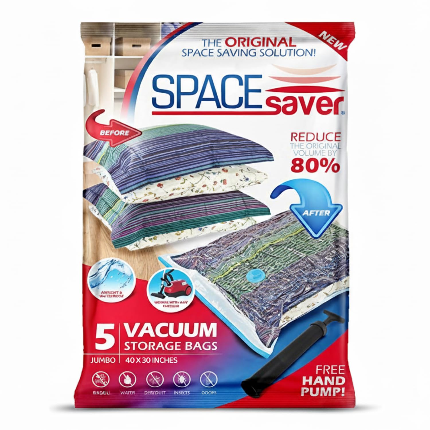 Spacesaver Jumbo Vacuum Storage Bags for Comforters, Blankets & Clothes – Vacuum Sealed Compression Bag with Hand Pump – Space Saver Storage Bag for Bedding, Moving, Travel & Organization (5 Pack)