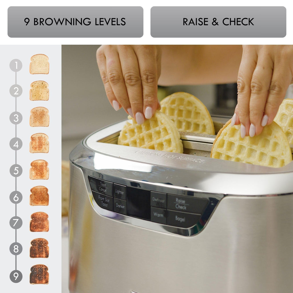 Kenmore Elite 4-Slice Long Slot Toaster Silver, One-Touch Auto-Lift, Stainless Steel, Adjustable Browning, Defrost, Digital Countdown Timer, Retractable Cord, Toast, Bagels, Waffles, English Muffins
