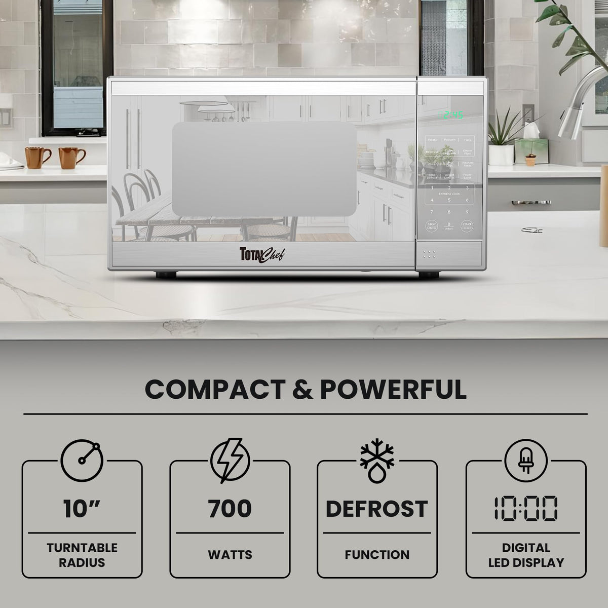Total Chef 0.7 Cu Ft Microwave Oven - Countertop Small Kitchen Appliance, Stainless Steel Microwave with Digital Touch, Pre-Set Functions, 10” Turntable, 700 Watt