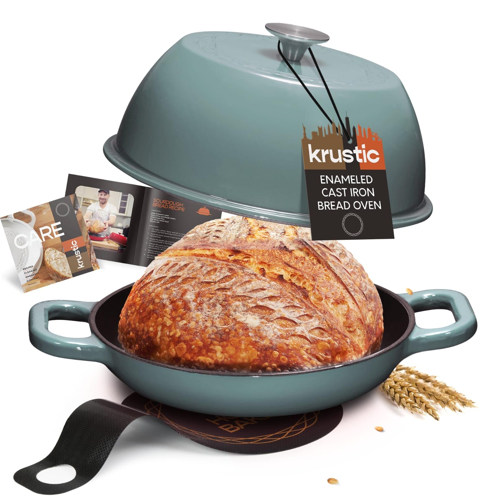 Enameled Cast Iron Dutch Oven for Sourdough Bread Baking | 6 Quart Round Pot with Lid | 10 Inch Ceramic Enamel Thick Coated Cookware with Non Stick Silicone Baking Mat for Cooking | 6 Qt | Sea Salt