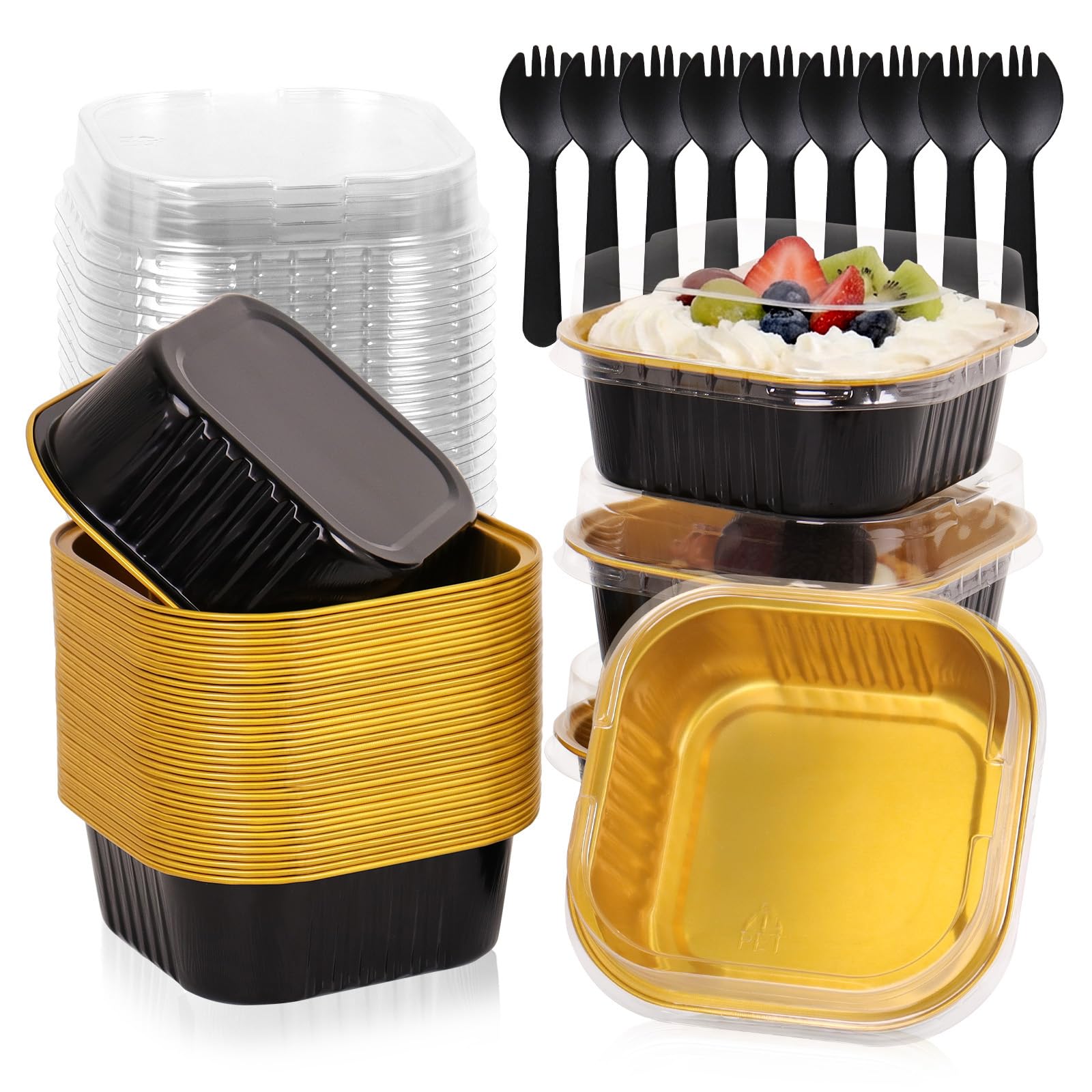 FORBFAN 150 Pack 10 oz Mini Cake Pans with Lids & Spoons, Pink Foil Square Dessert Cups, Disposable Baking Tins for Party, Catering, Gifting & Small Bakery