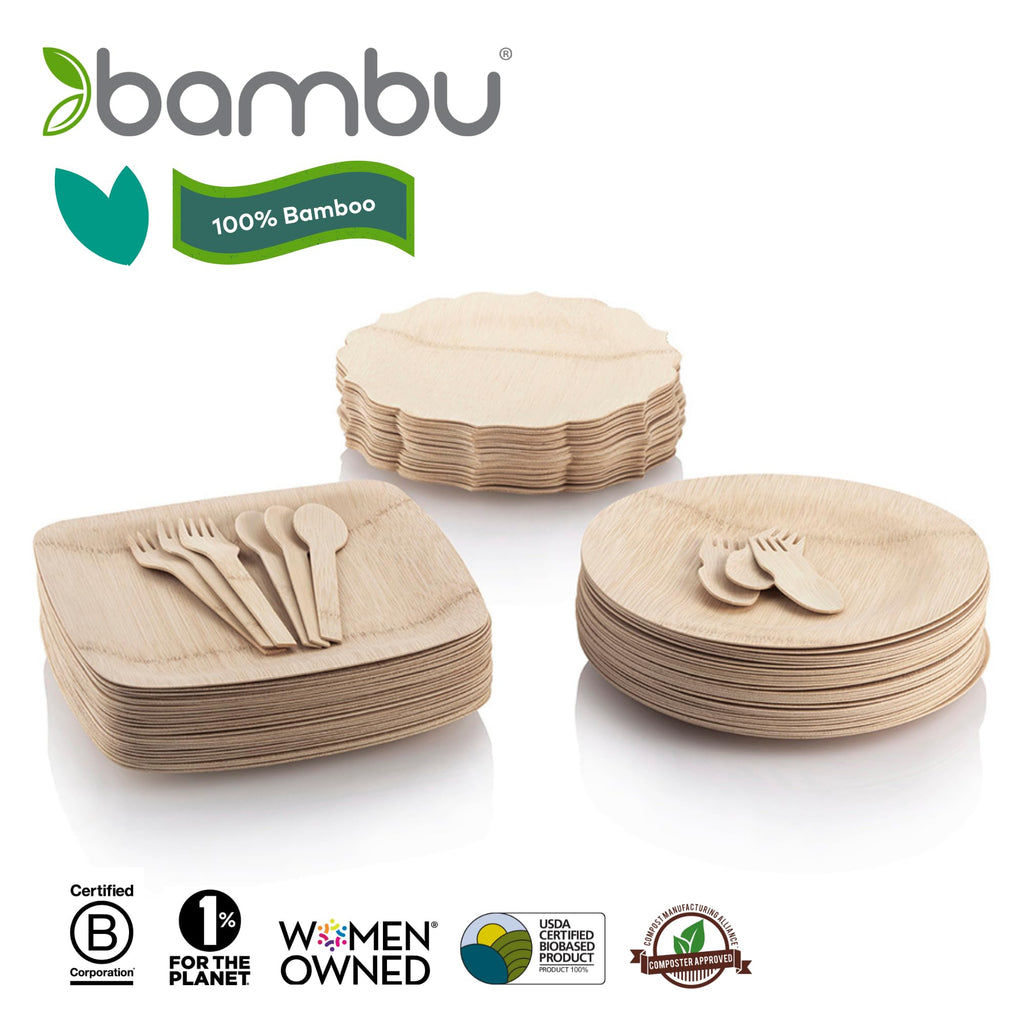 Bambu Pack of 8-7 Inch Disposable Bamboo Plates Fancy, Biodegradable Eco Friendly Products, Bamboo Disposable Plates for Events, Compostable Plates